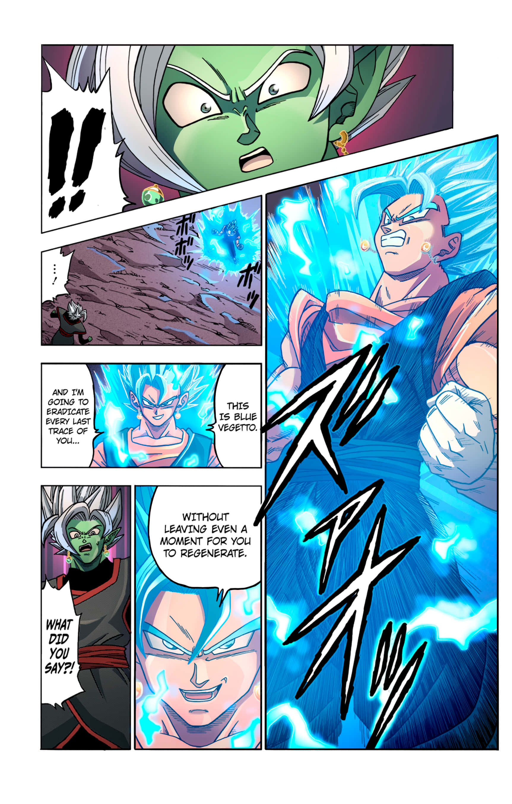 Dragon Ball Super Manga 桌布 壁紙 — 一個漫畫面板顯示一個綠色皮膚的惡棍對峙一個藍色頭髮的戰士，在戰鬥場景中散發出強烈的藍色能量。