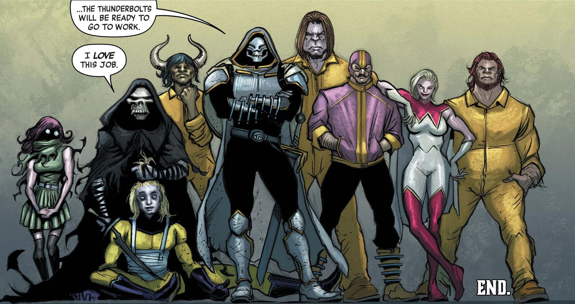 Thunderbolts 桌布 壁紙 — 一個漫畫面板顯示雷霆特攻隊穿著黃色連身衣，一起擺姿勢並帶有對話氣泡。