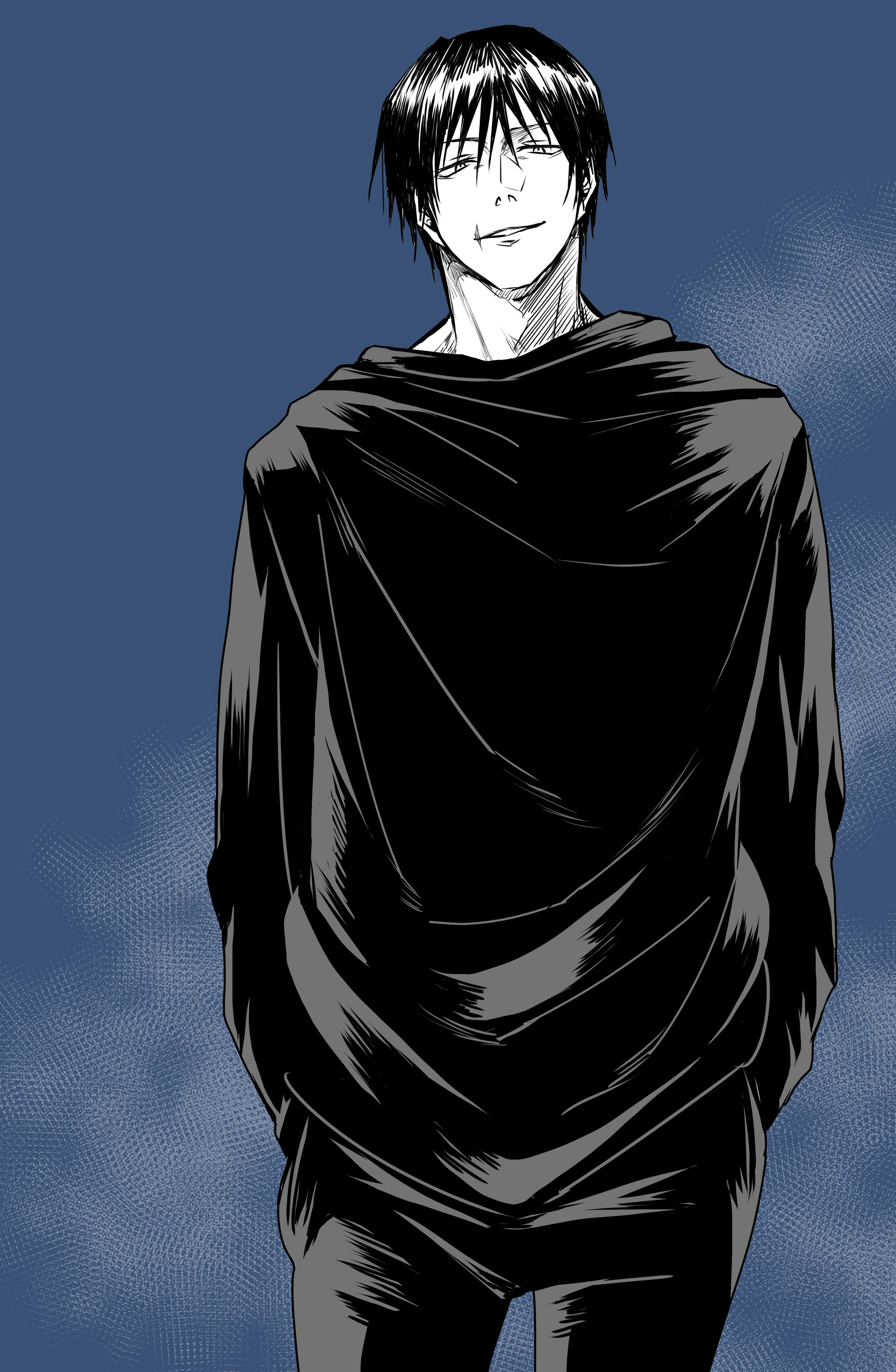 Toji Fushiguro 桌布 壁紙 — 一個漫畫風格的動漫角色，黑髮，身穿深色長袍，站在有紋理的藍色背景前，帶著淡淡的微笑。