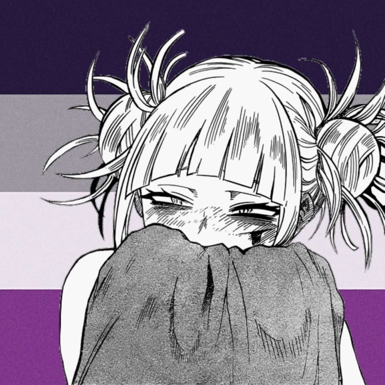 Toga 桌布 壁紙 — 一個漫畫風格的女孩，梳著尖刺的雙馬尾，在紫色、灰色和白色條紋背景前將臉埋在手臂中。