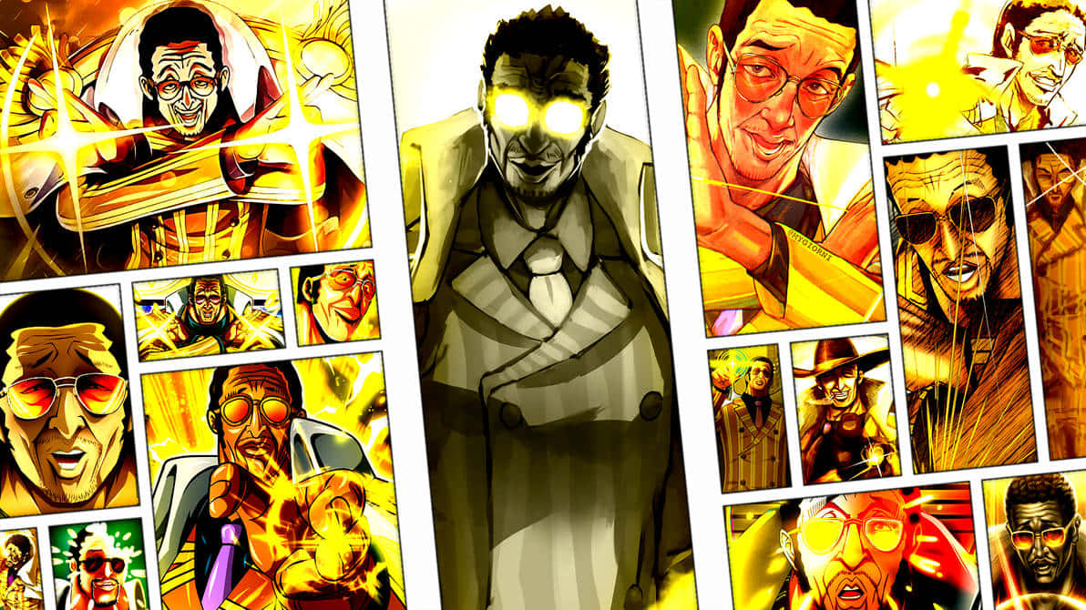 Kizaru 桌布 壁紙 — 一個漫畫風格的拼貼畫，描繪一個男人在熾熱的黃色背景前，以各種姿勢和表情呈現，眼睛發光並戴著太陽眼鏡。