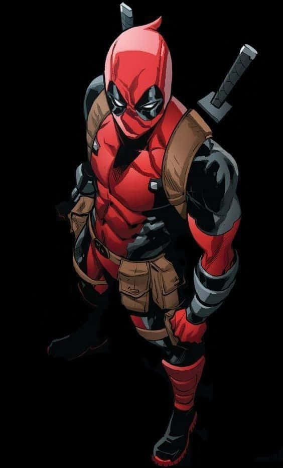 Deadpool Cartoon 桌布 壁紙 — 一個漫畫風格的死侍自信地站在黑色背景前，背上掛著劍。