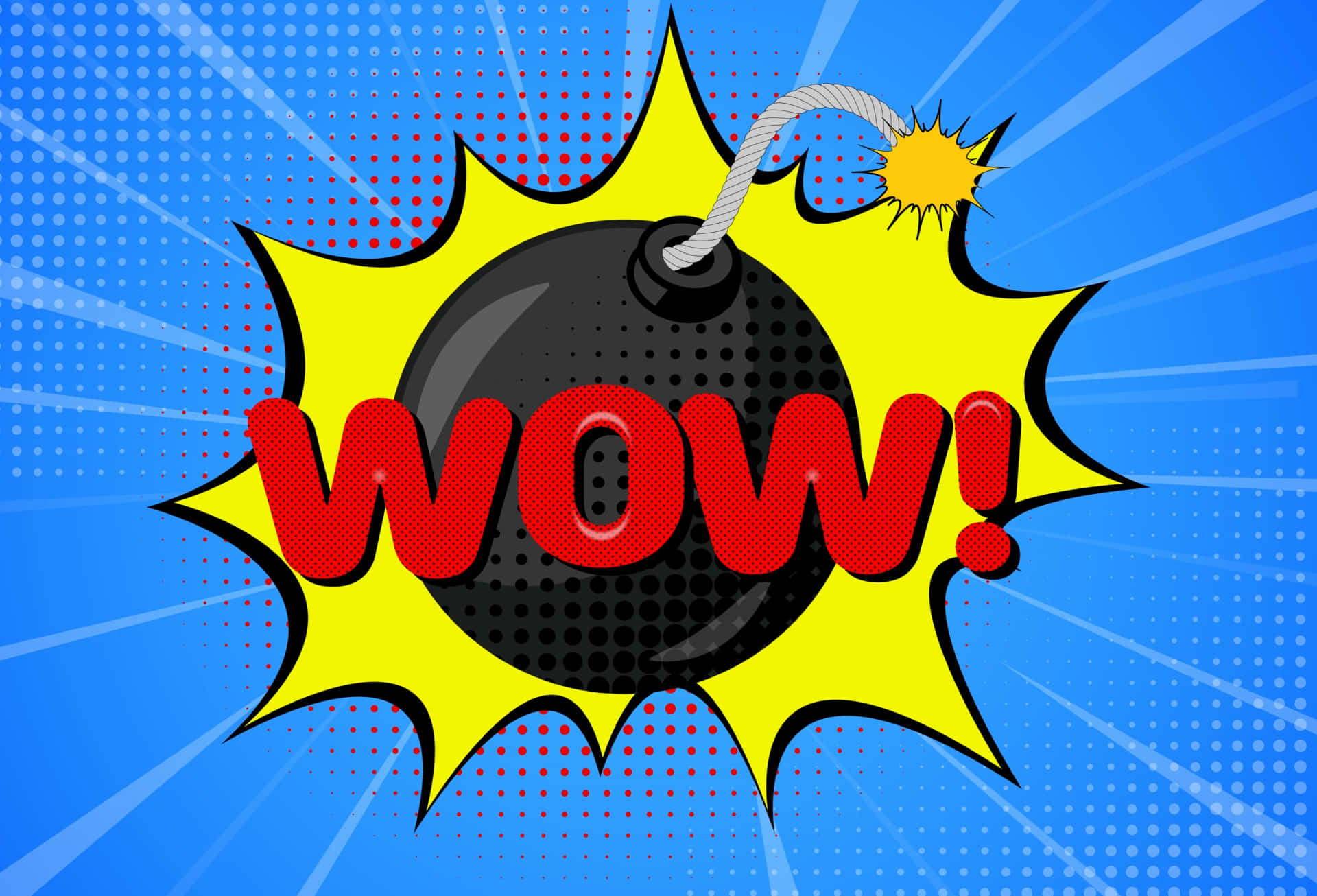Wow 桌布 壁紙 — 一個漫畫風格的炸彈，帶有燃燒的引信和「WOW！」文字爆發，背景為藍色半色調。