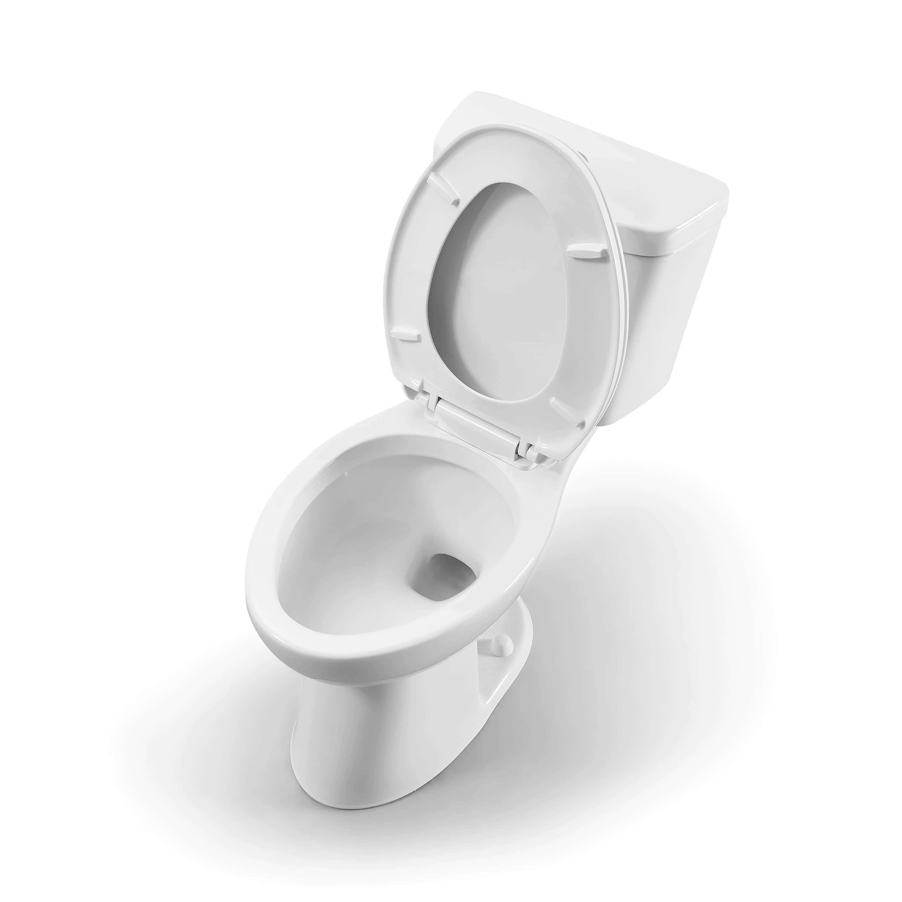 Toilet 桌布 壁紙 — 一個潔白無瑕的馬桶，打開蓋和座圈，孤立在純白背景上，帶有柔和陰影。