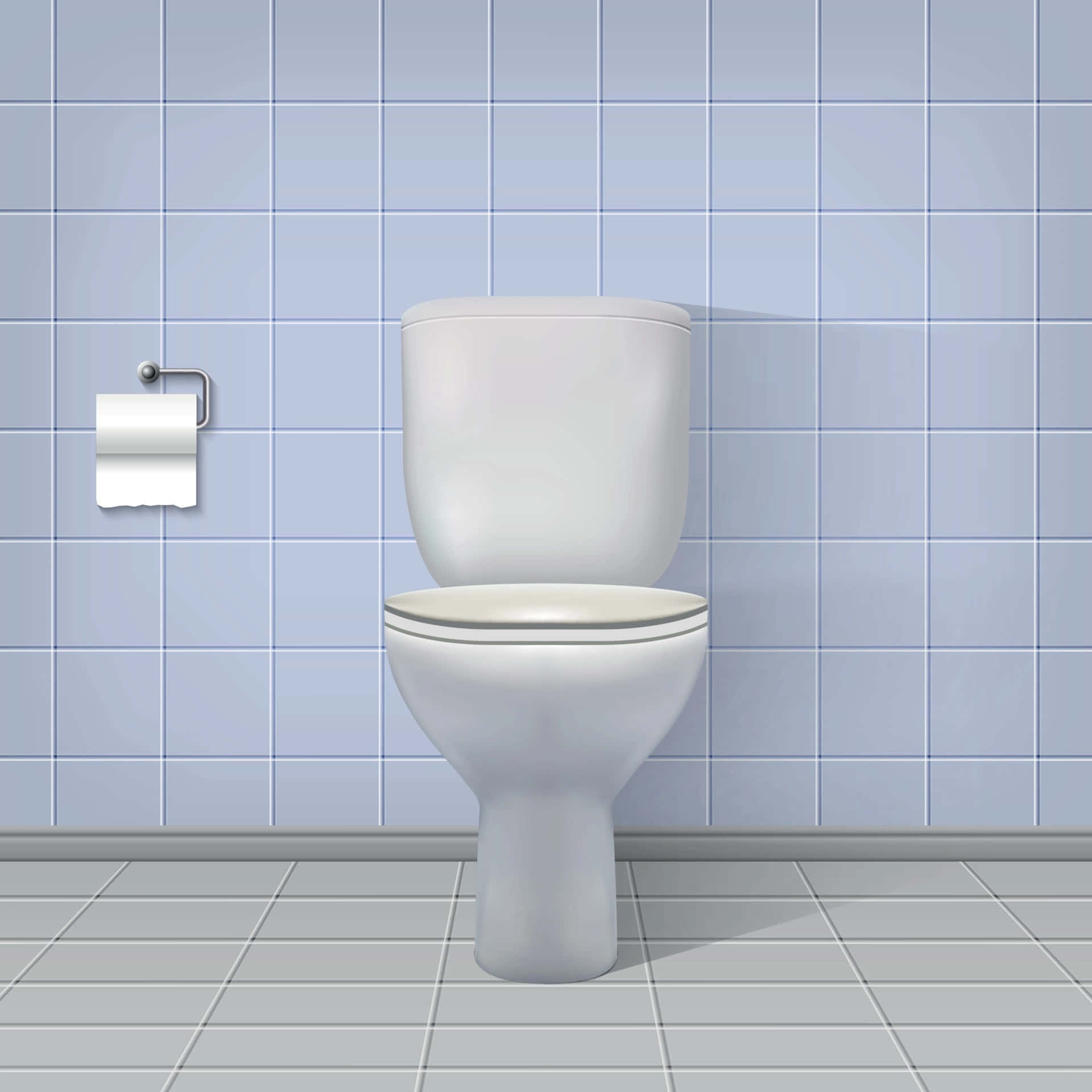 Toilet 桌布 壁紙 — 一個潔白無瑕的馬桶位於乾淨的浴室中央，浴室配有淺藍色瓷磚牆壁和灰色瓷磚地板。
