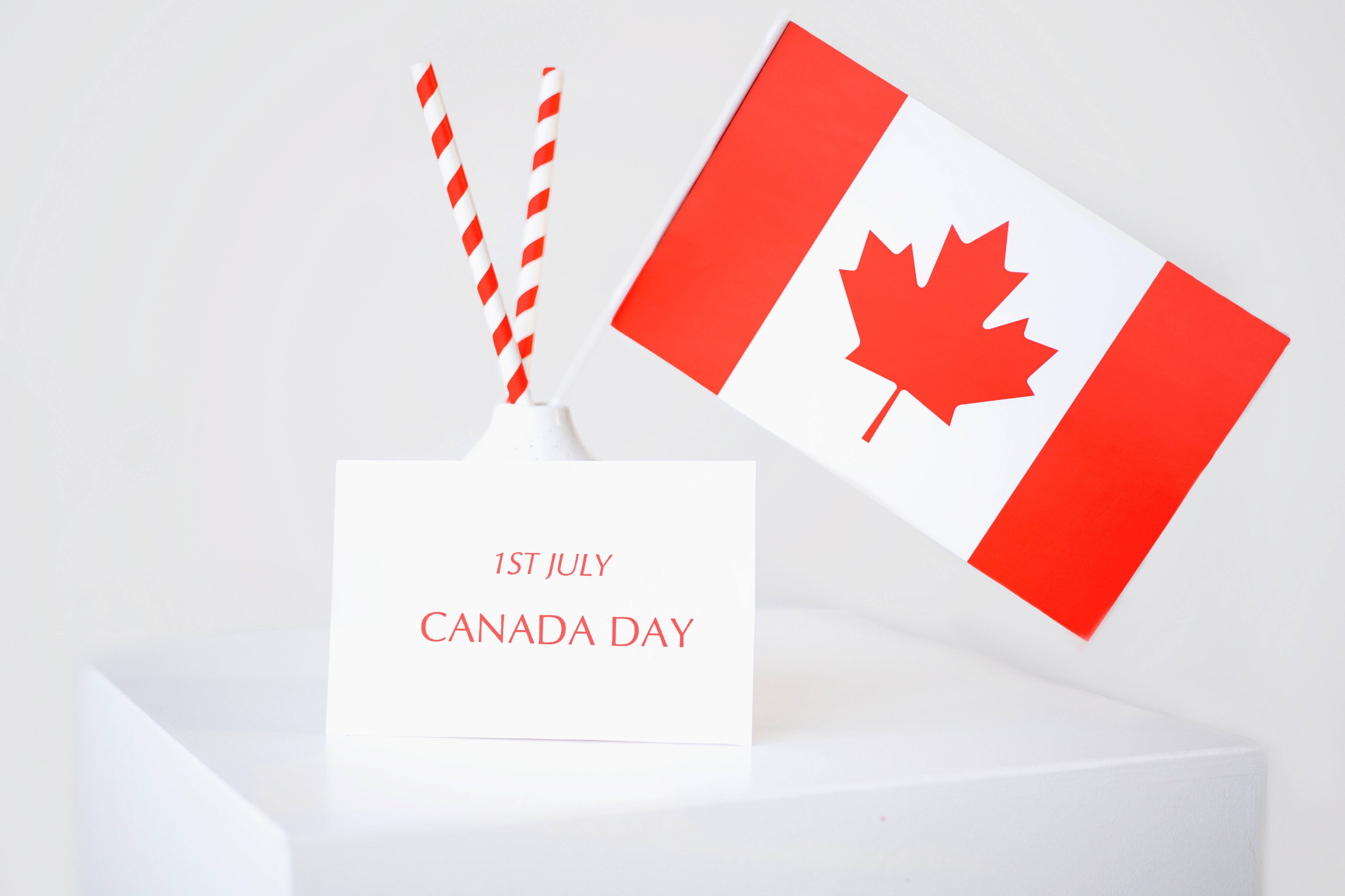 Greetings 桌布 壁紙 — 一個潔白的底座上放著加拿大國旗和一張寫有「1st July Canada Day」的卡片，以及紅白條紋飲管。
