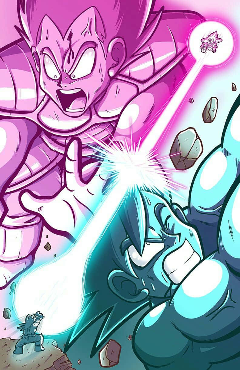 Vegeta's Galick Gun 桌布 壁紙 — 一個激烈的動漫戰鬥場景，粉紅色頭髮的戰士在飛揚的碎片中向身穿青色盔甲的對手發射發光的能量衝擊波。