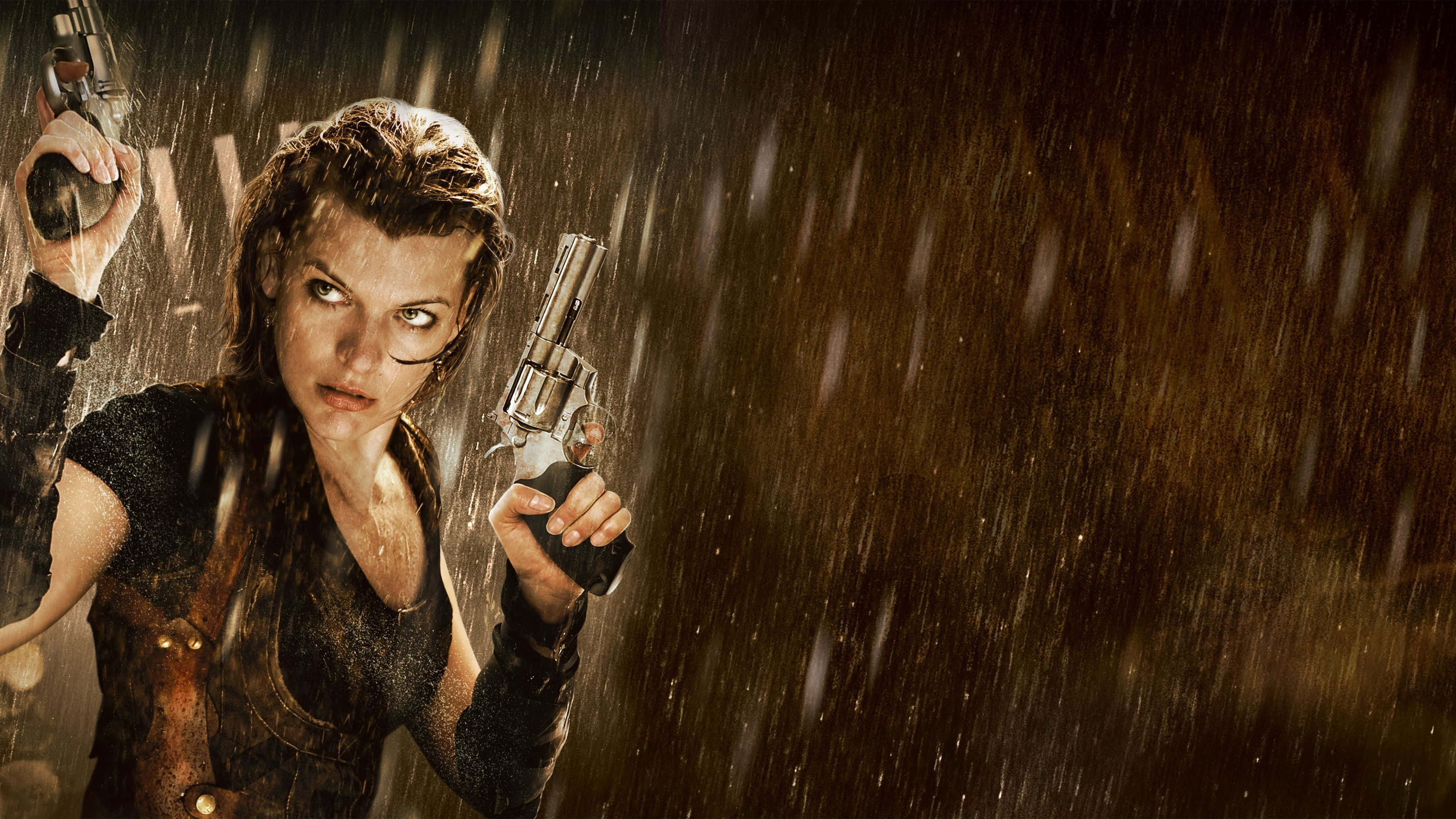 生化危機 桌布 壁紙 — 一個濕髮的兇猛女人在溫暖的金色燈光下於暴雨中手持兩把左輪手槍。
