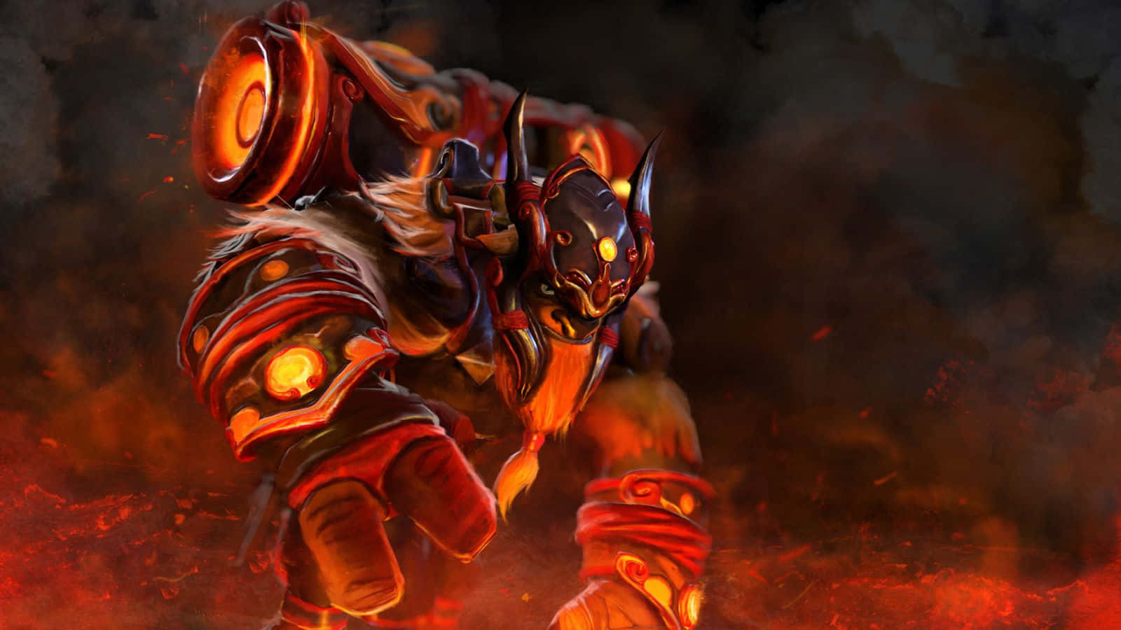 Earthshaker 桌布 壁紙 — 一個火焰裝甲惡魔，擁有發光的橙色眼睛和角，在旋轉的火焰和煙霧中向前衝鋒。