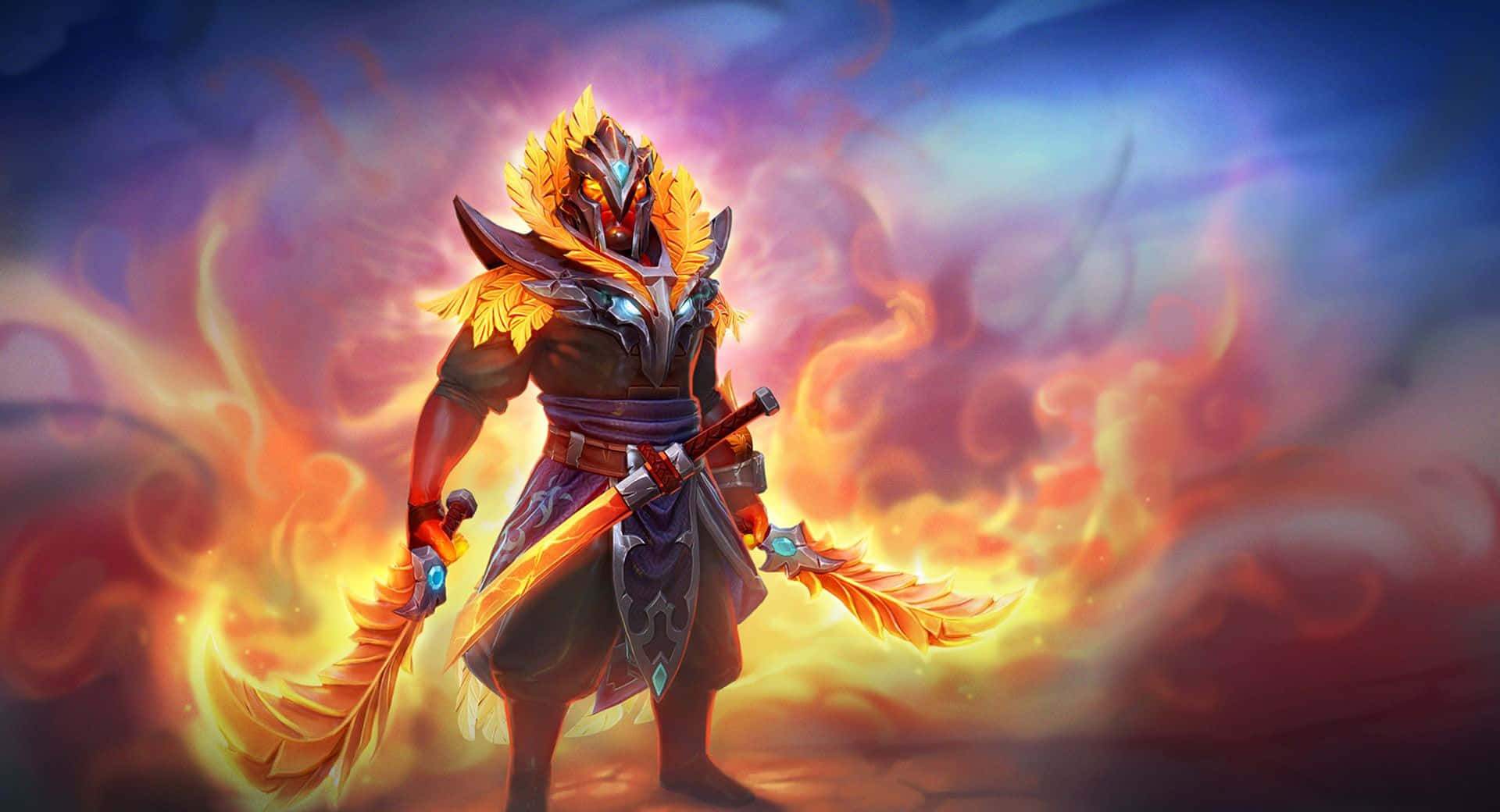 Dota 桌布 壁紙 — 一個火焰裝甲戰士，擁有發光的眼睛和羽毛武器，站在旋轉的火焰中，背景是充滿活力的暮色天空。