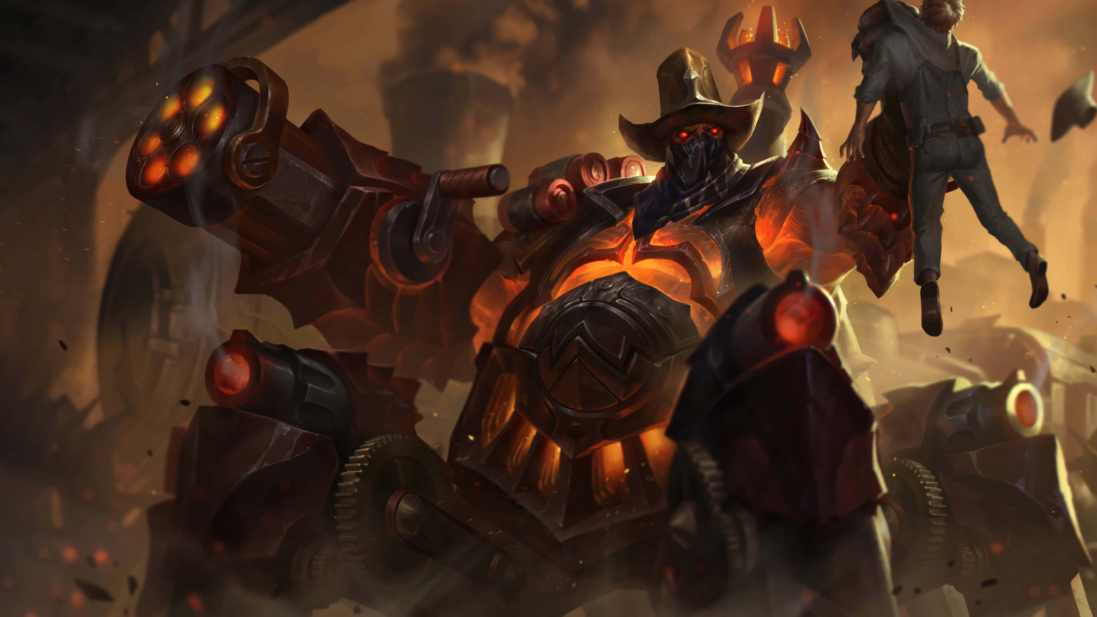League Of Legends Champions 桌布 壁紙 — 一個火焰裝甲戰士，擁有發光的紅色眼睛和機械肢體，在煙霧和碎片中戰鬥。