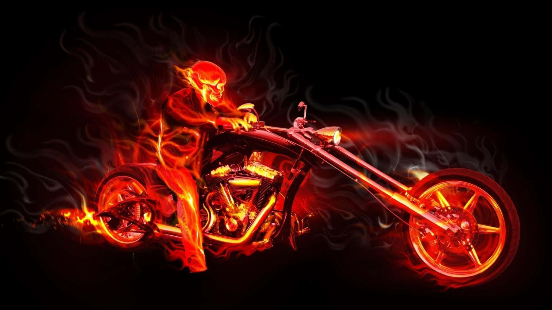 Flame 桌布 壁紙 — 一個火焰骷髏騎士騎著訂製的chopper電單車，車身散發著熾熱的紅橙色火焰，背景為黑色。