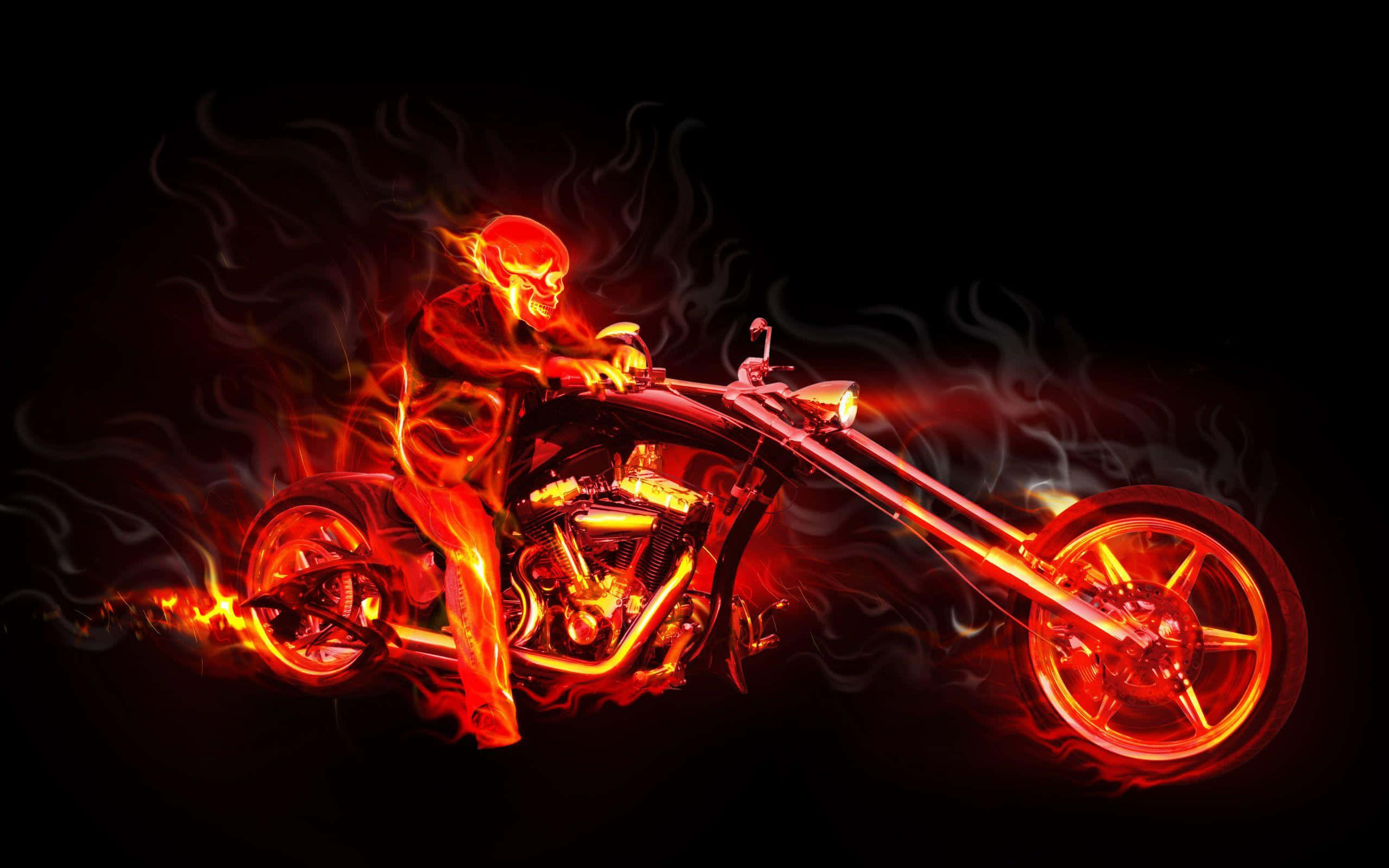 3d Fire 桌布 壁紙 — 一個火焰骷髏騎士騎著訂製的chopper電單車，車身散發著橙色光芒的火焰，背景為黑色。