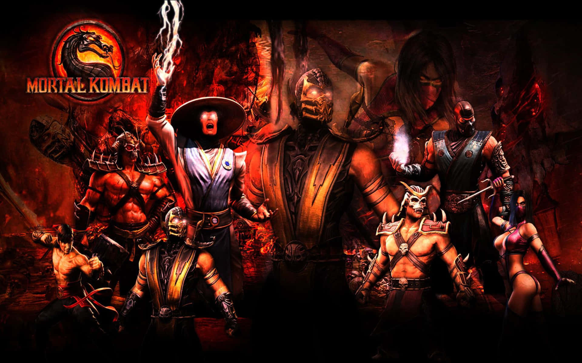 Mortal Kombat Legacy 桌布 壁紙 — 一個火熱嘅真人快打場景，戰士們喺深紅色背景前擺出戰鬥姿勢。