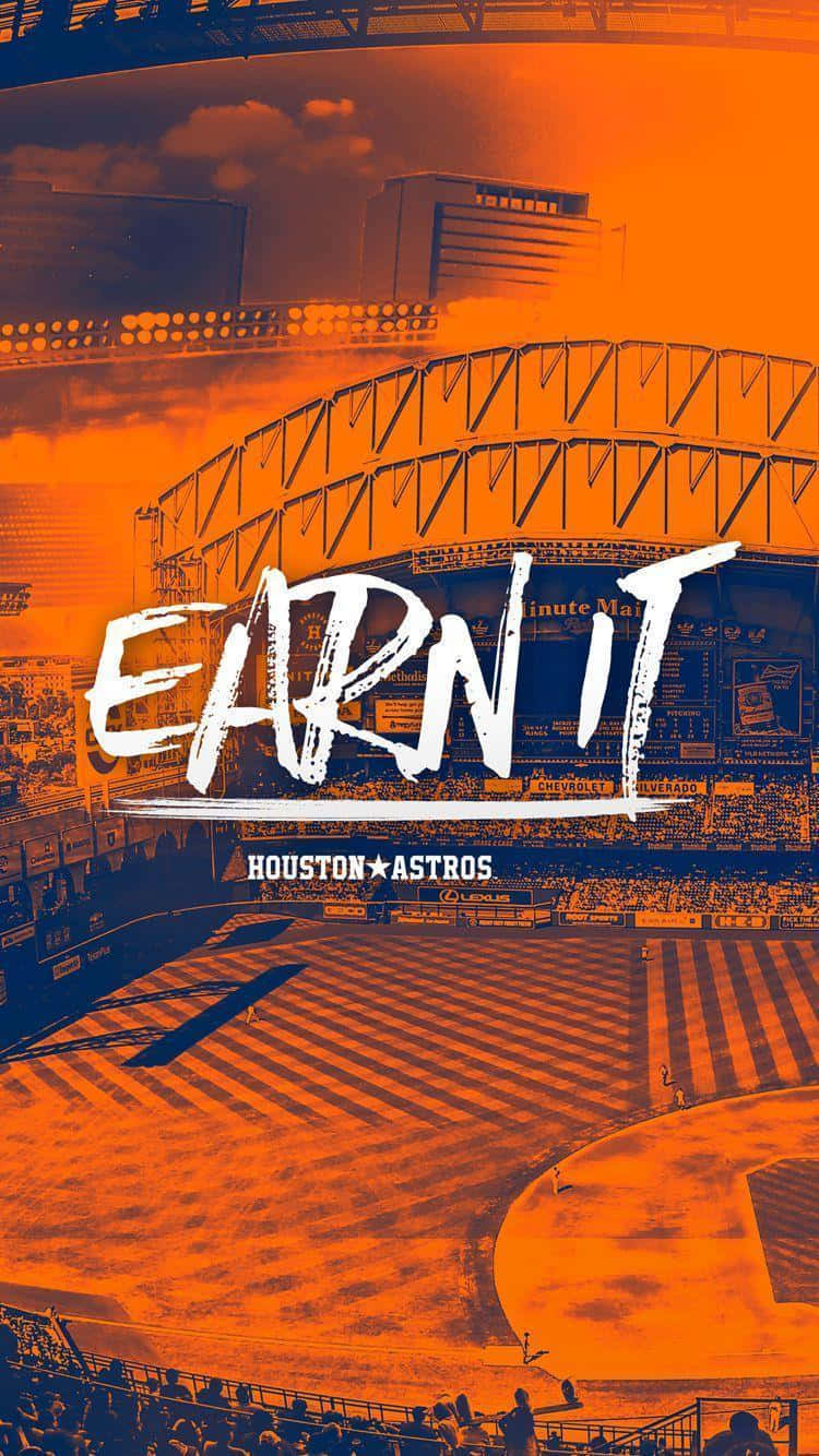 Astros 桌布 壁紙 — 一個火熱橙色和藍色風格化的棒球場，帶有粗體 'EARN IT' 文字和休斯頓太空人品牌標識。