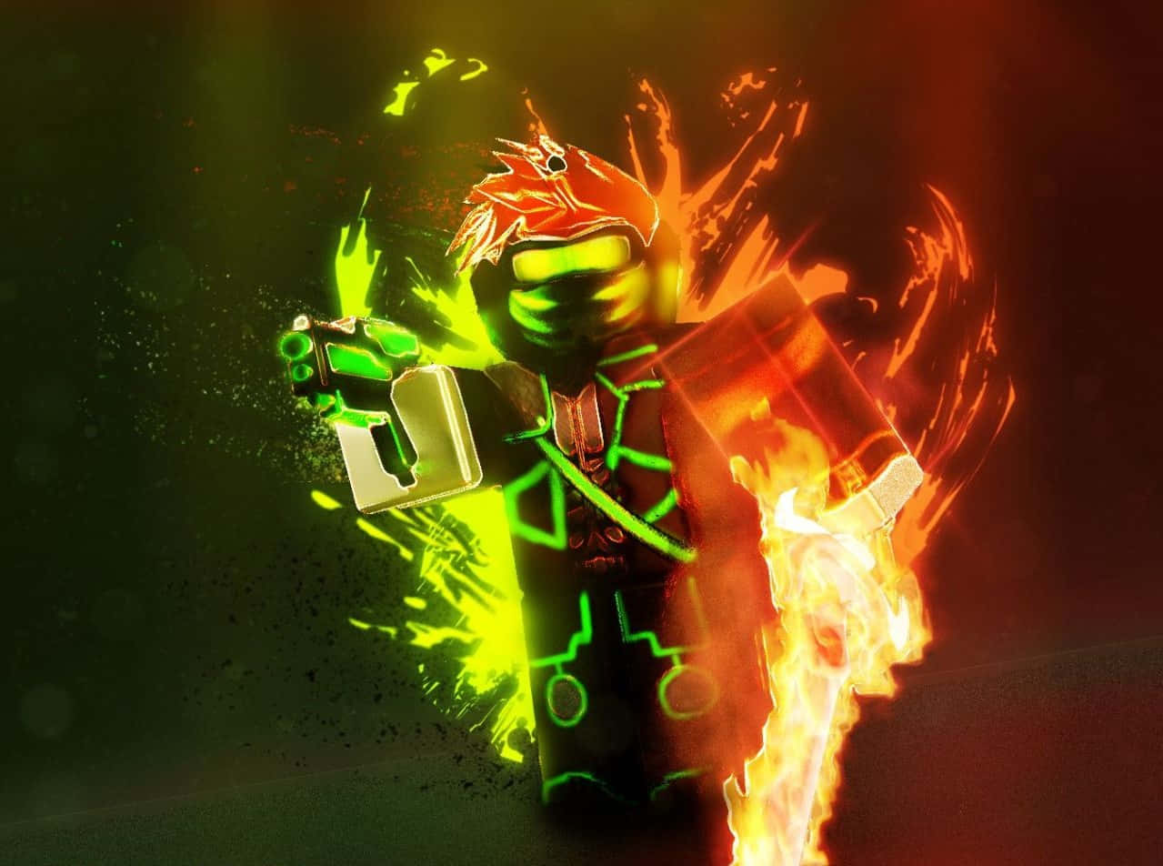 Roblox Avatar 桌布 壁紙 — 一個火熱的LEGO人仔，在黑暗背景中從雙手發出發光的綠色能量衝擊波。