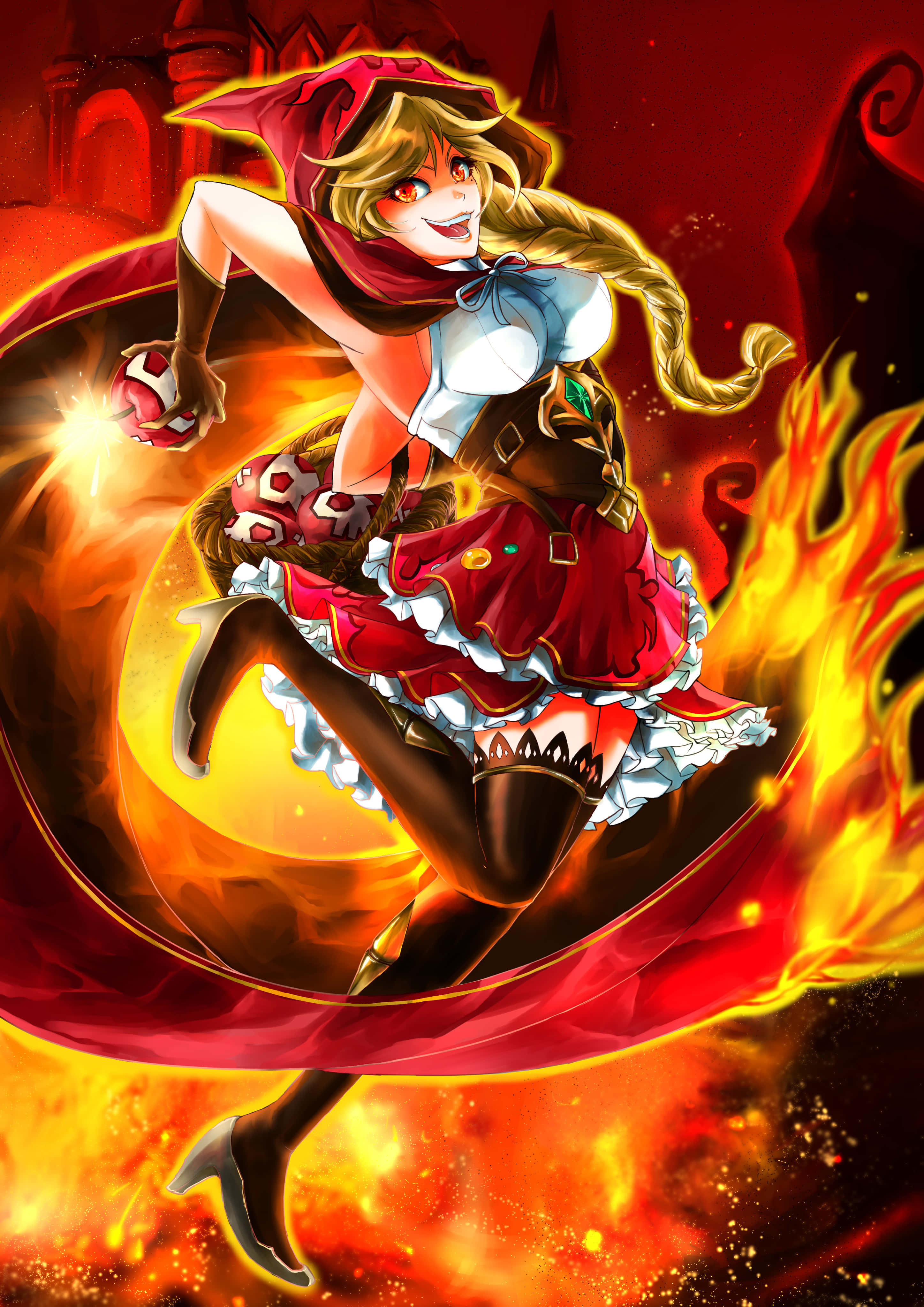 Dark Tales 桌布 壁紙 — 一個火熱的動漫女孩穿著紅色連帽服裝，帶著發光的眼睛和頑皮的笑容，動態地跳過熊熊烈火。