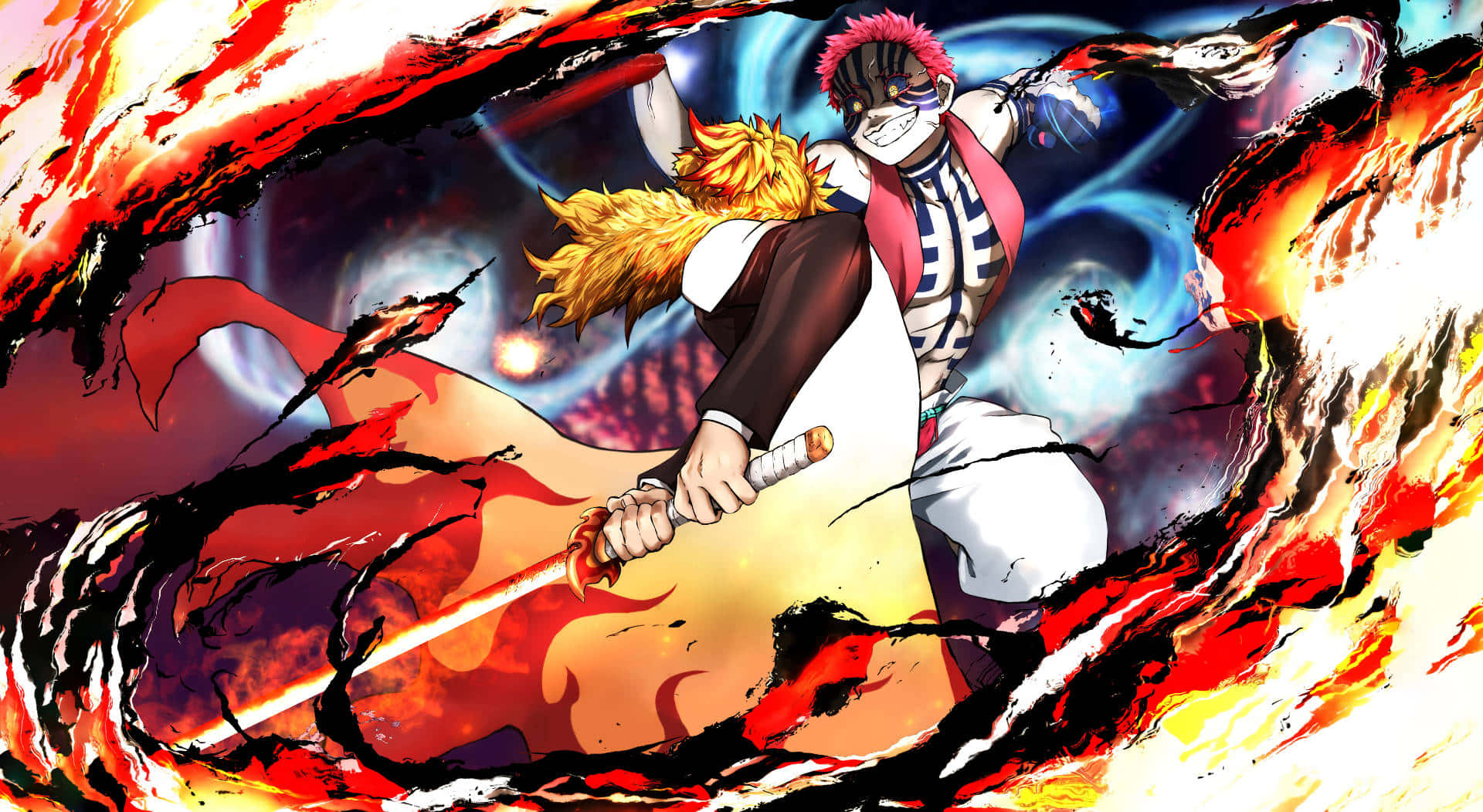 Demon Slayer Fight 桌布 壁紙 — 一個火熱的動漫戰士，揮舞著發光的劍，在旋轉的紅色和藍色能量中斬擊，擺出動態的戰鬥姿勢。