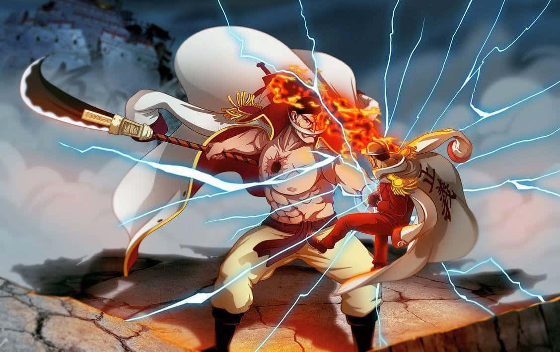 Whitebeard 桌布 壁紙 — 一個火熱的動漫戰士在風暴天空下，於裂開的戰場上與一個擁有閃電力量的對手交鋒。