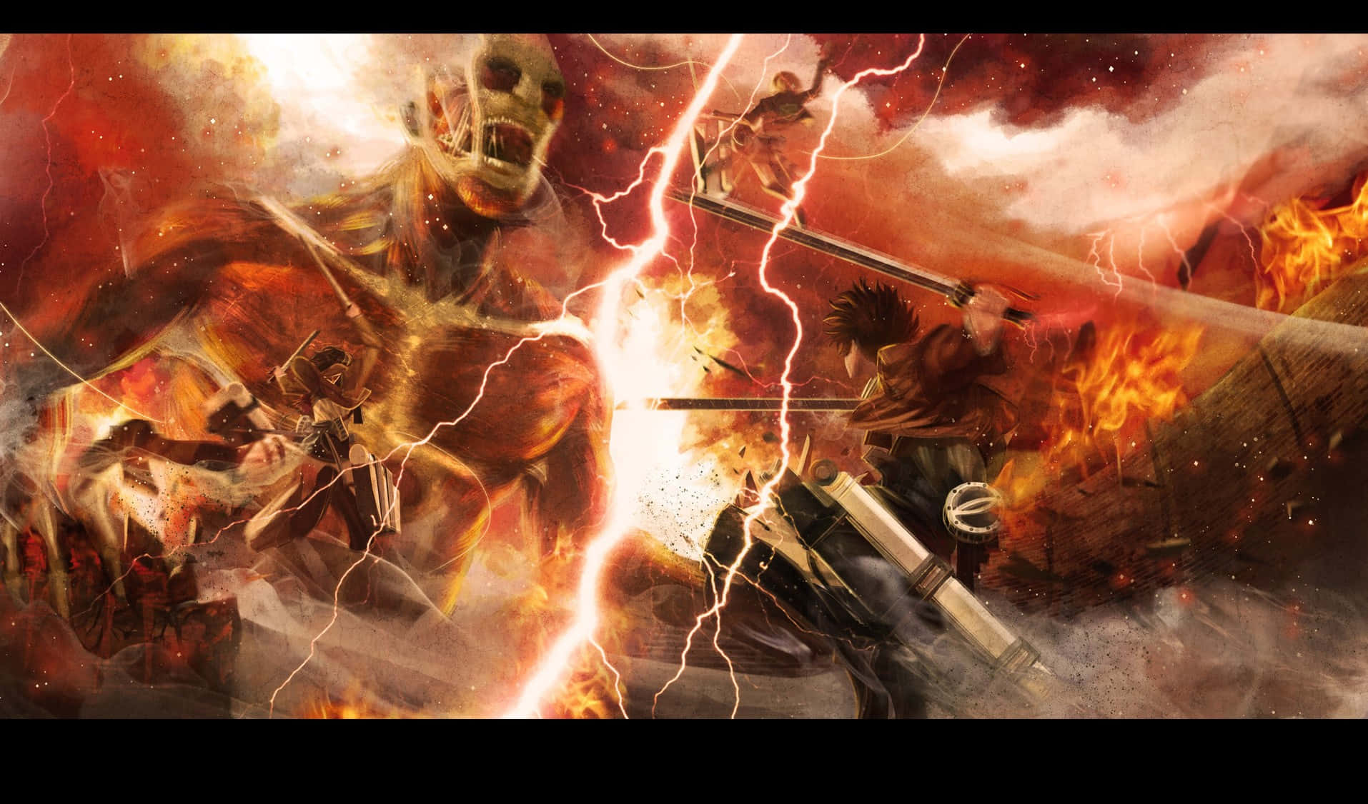 Attack On Titan Video Game 桌布 壁紙 — 一個火熱的動漫戰鬥場景，有巨型泰坦和戰士在閃電和爆炸中交戰。