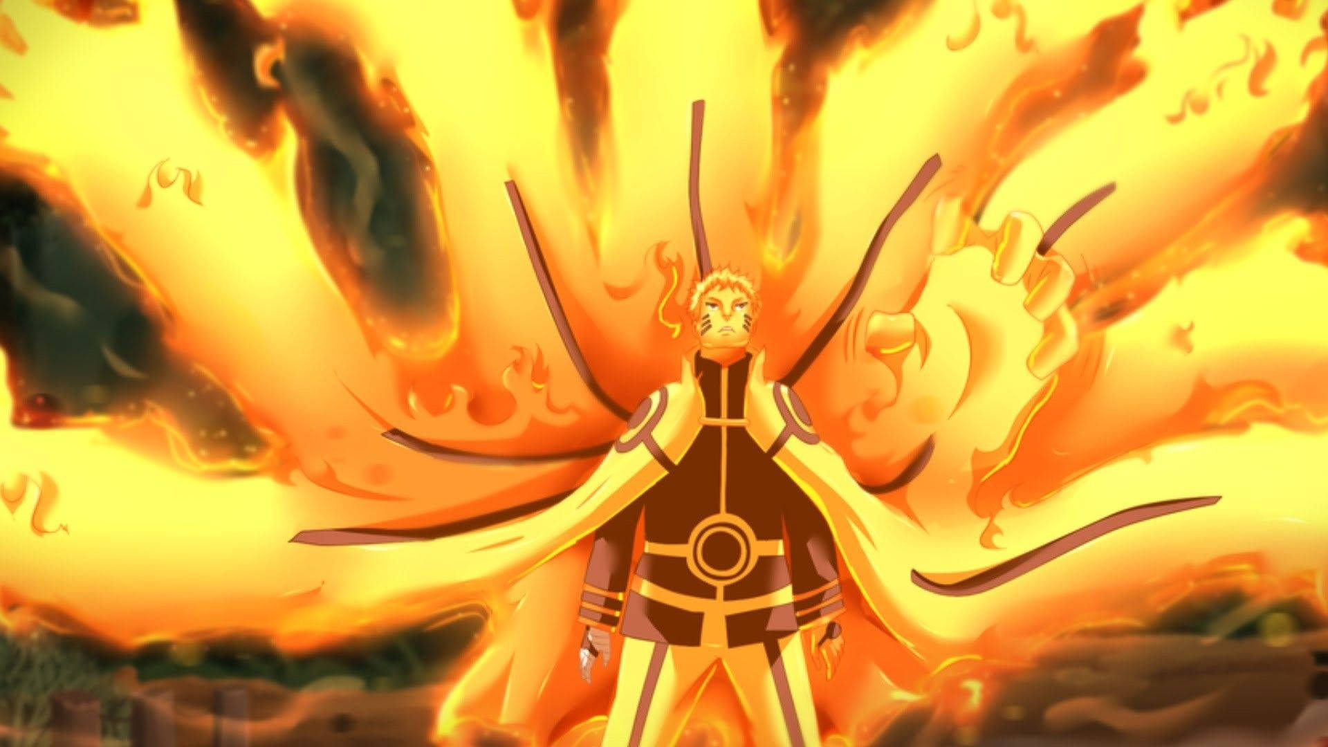 Kurama 桌布 壁紙 — 一個火熱的動漫角色，擁有九條燃燒的橙色火焰尾巴，在黑暗煙霧繚繞的背景中散發出強烈的力量。