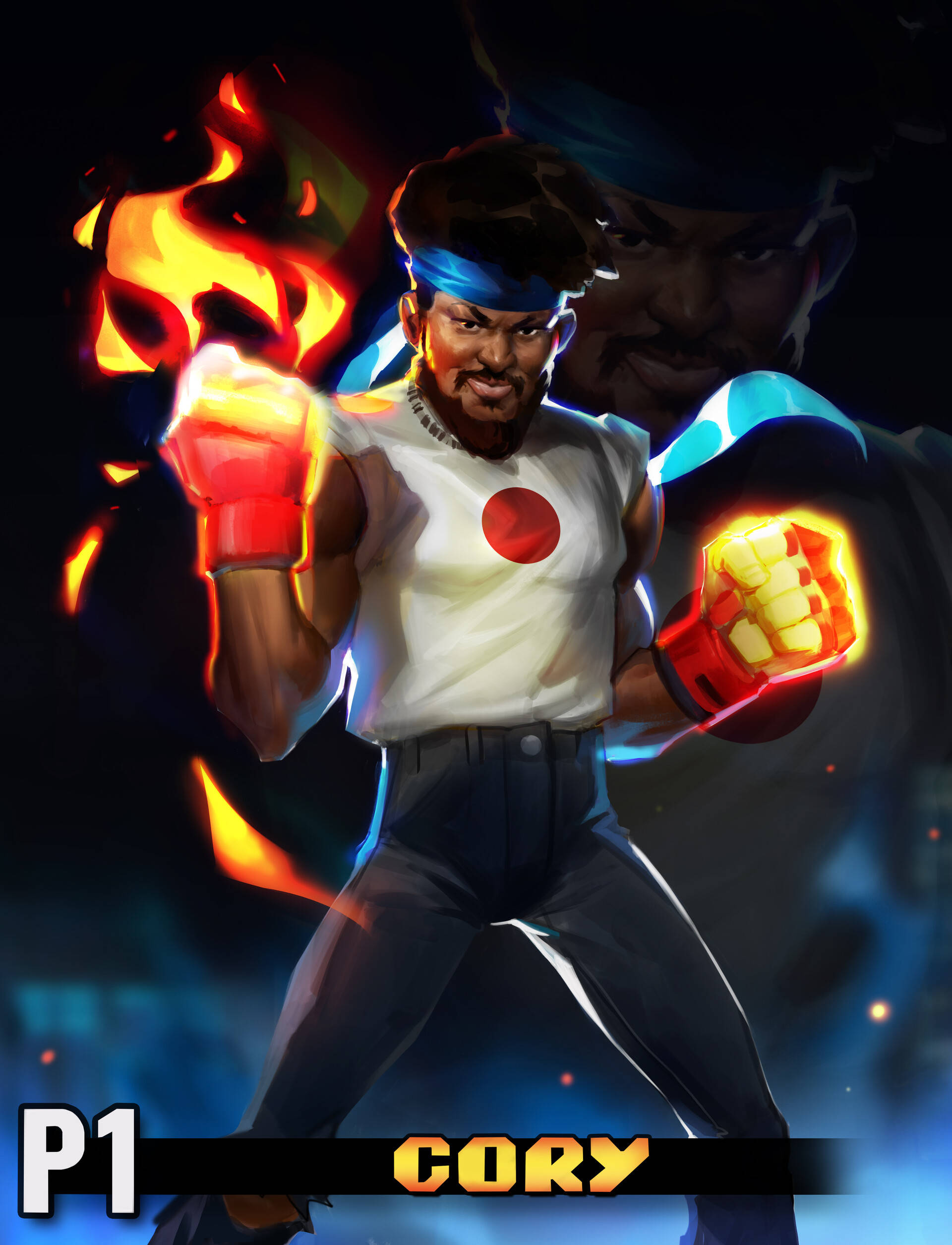 Coryxkenshin 桌布 壁紙 — 一個火熱的動畫戰士，戴著紅色手套，穿著白色背心，在黑暗背景下準備好發光的拳頭。