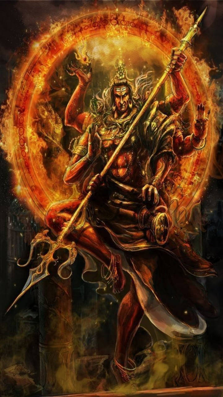 shiva iPhone 桌布 壁紙 — 一個火熱的多臂神祇，手持三叉戟並戴著皇冠，站在黑暗神秘環境中燃燒的圓形光環前。