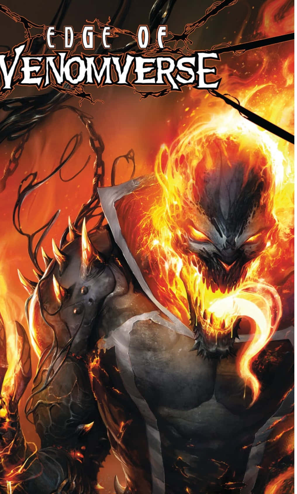 Venomverse 桌布 壁紙 — 一個火熱的惡魔形象，擁有發光的眼睛和尖刺盔甲，在熾熱的橙色背景前咆哮。