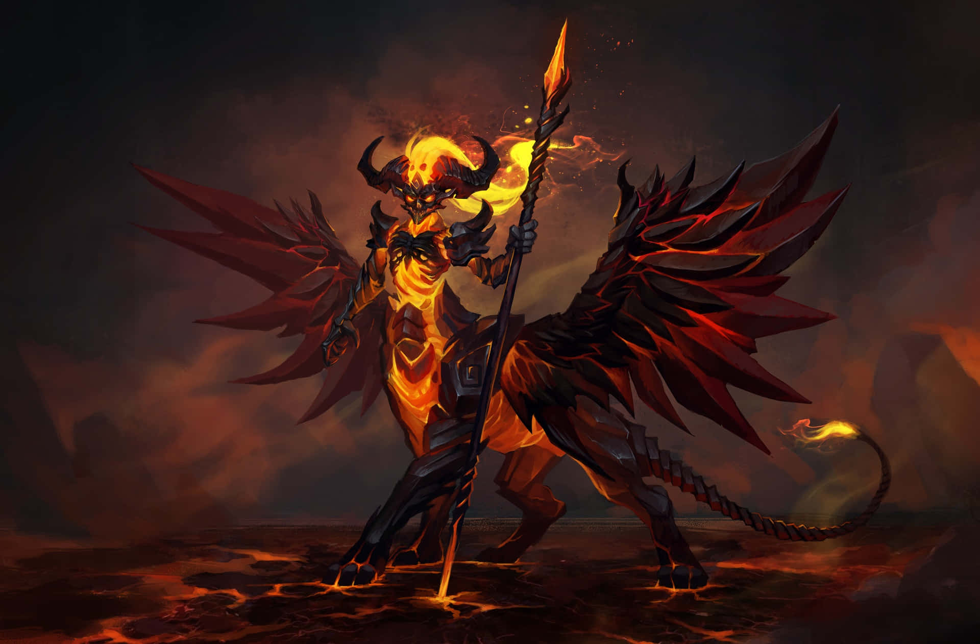 Demon Fighting 桌布 壁紙 — 一個火熱的惡魔戰士，身穿發光的橙色盔甲和紅色翅膀，站在熔岩場上，手持火焰長矛。
