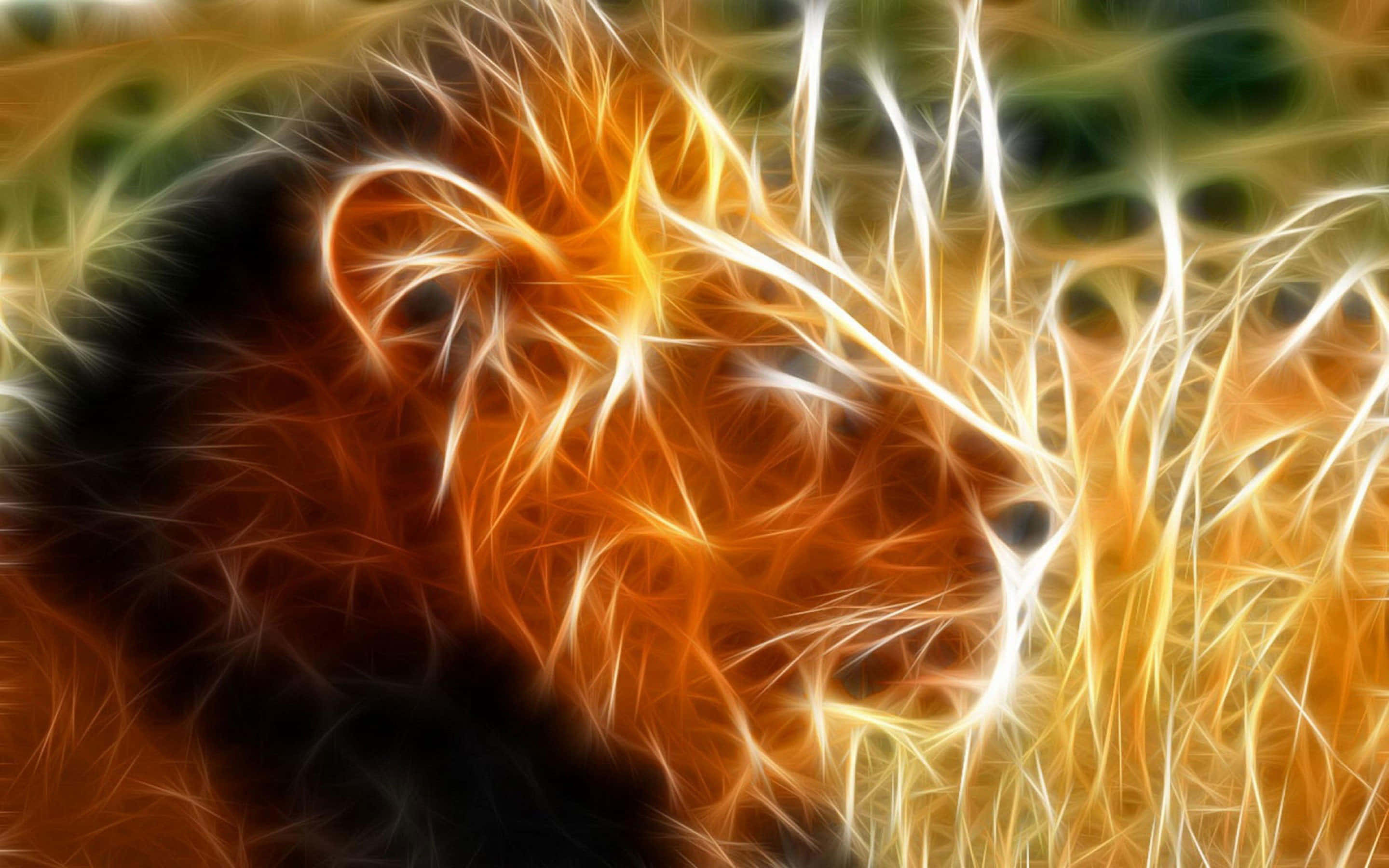 3d Animal 桌布 壁紙 — 一個火熱的抽象數碼藝術獅子頭，帶有發光的橙色和白色分形線條，背景為模糊的綠色。