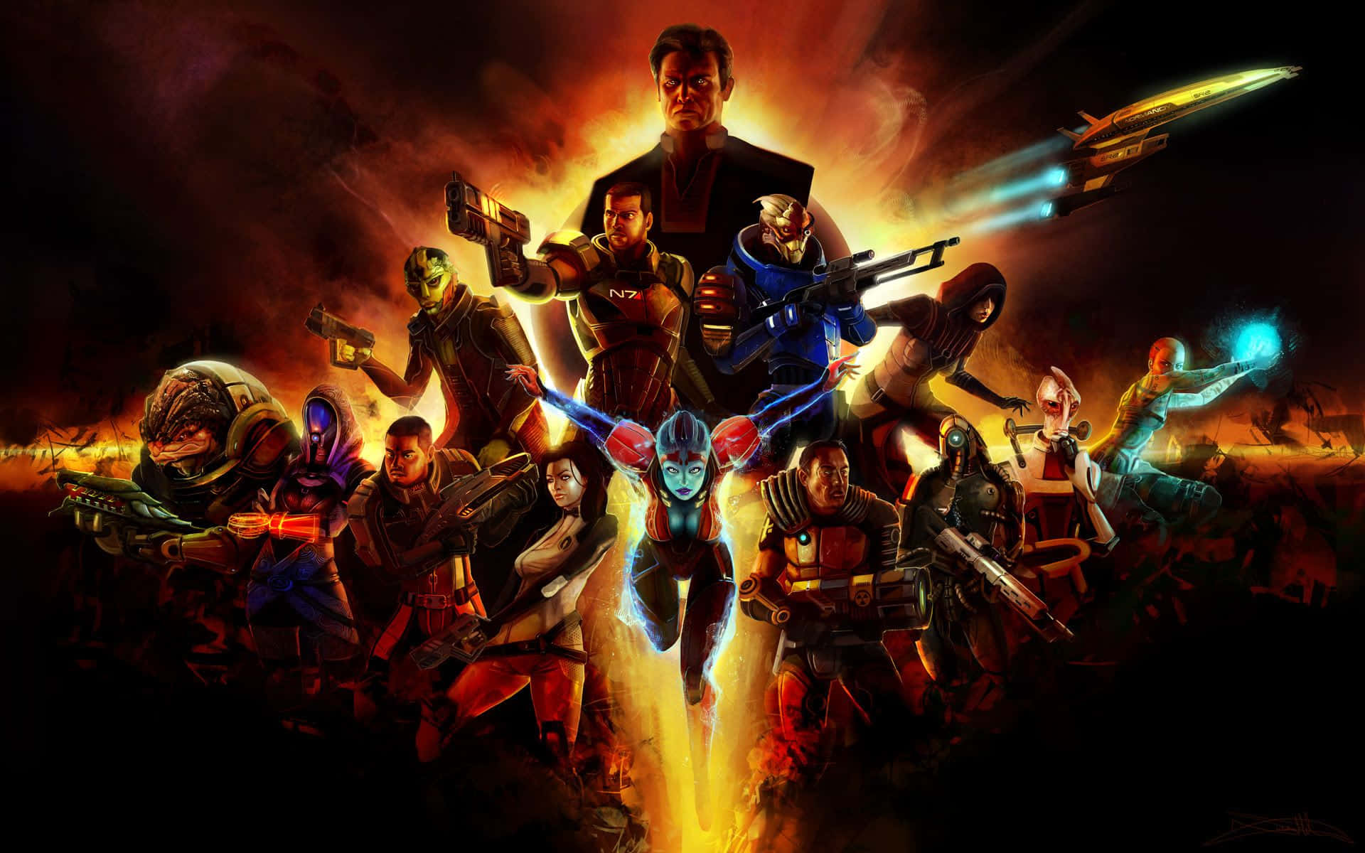Xbox Games 桌布 壁紙 — 一個火熱的數碼藝術組合，包含多種科幻角色，在煙霧瀰漫的宇宙背景下揮舞發光武器。