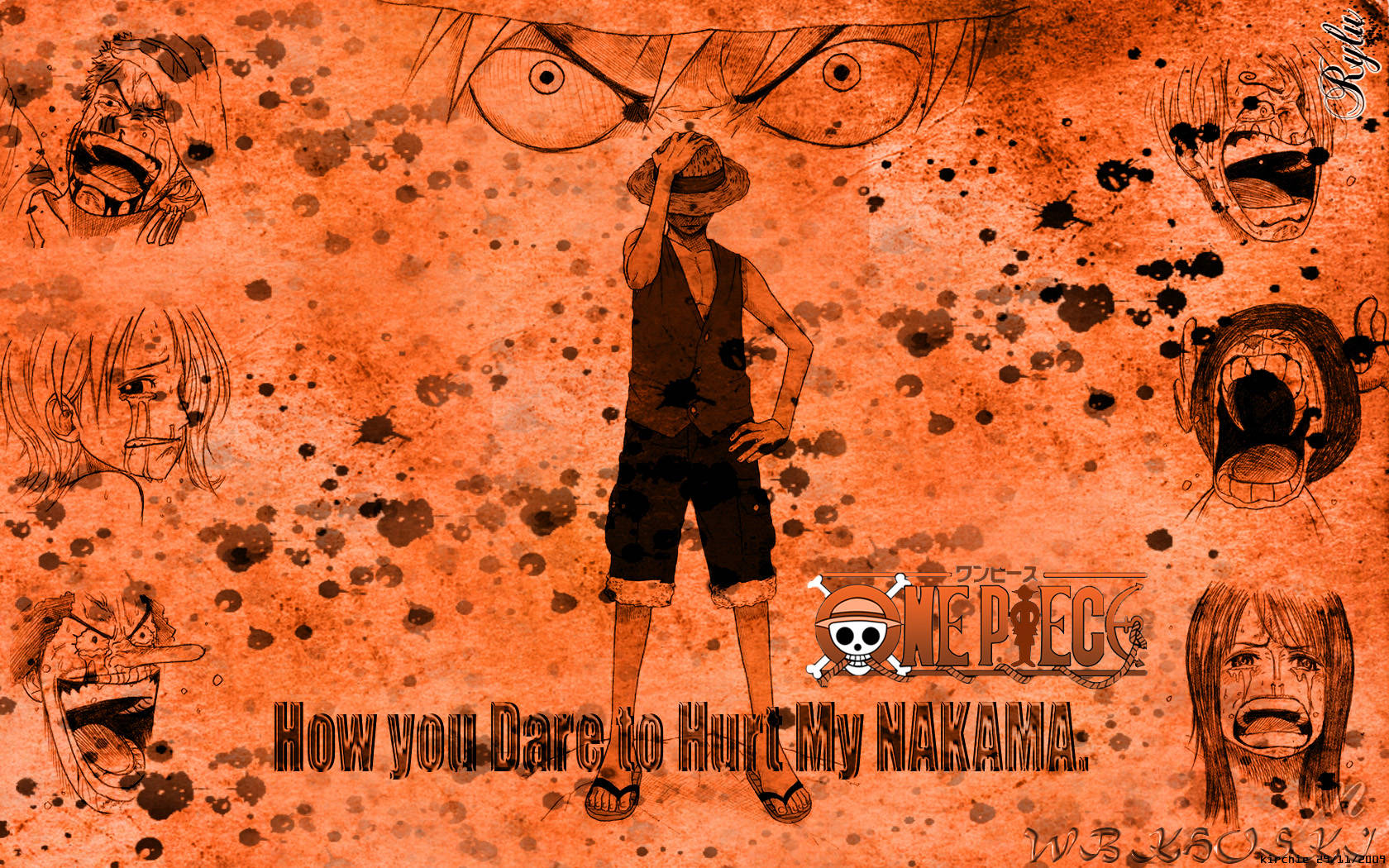 路飛 桌布 壁紙 — 一個火熱的橙色動漫壁紙， featuring 來自《One Piece》的路飛，被尖叫的角色面孔包圍，並帶有文字 'How you Dare to Hurt My NAKAMA.'