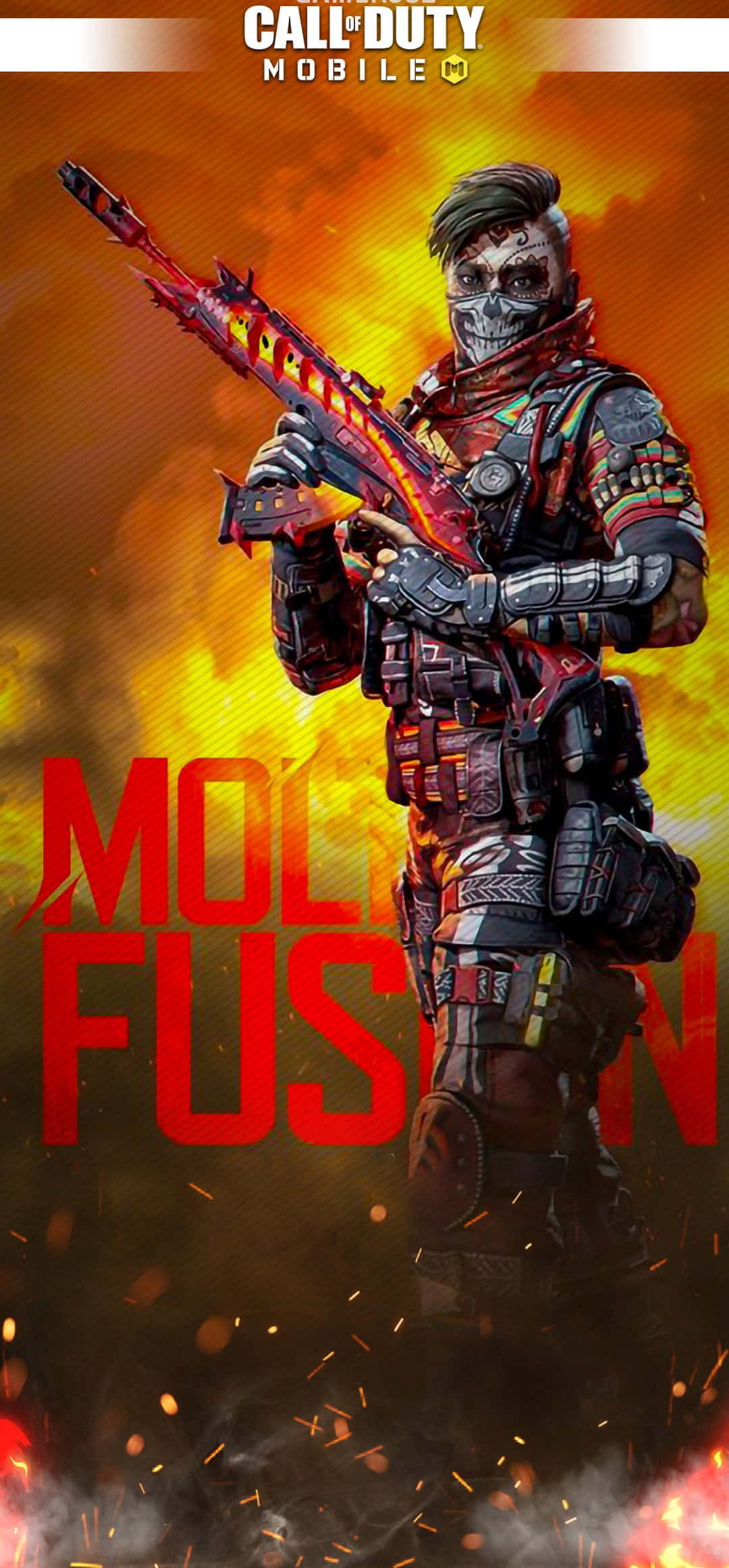 Cod Mobile Character Skins 桌布 壁紙 — 一個火熱的橙色和紅色背景突顯了一名戴面具的士兵手持發光武器，周圍火花飛濺。