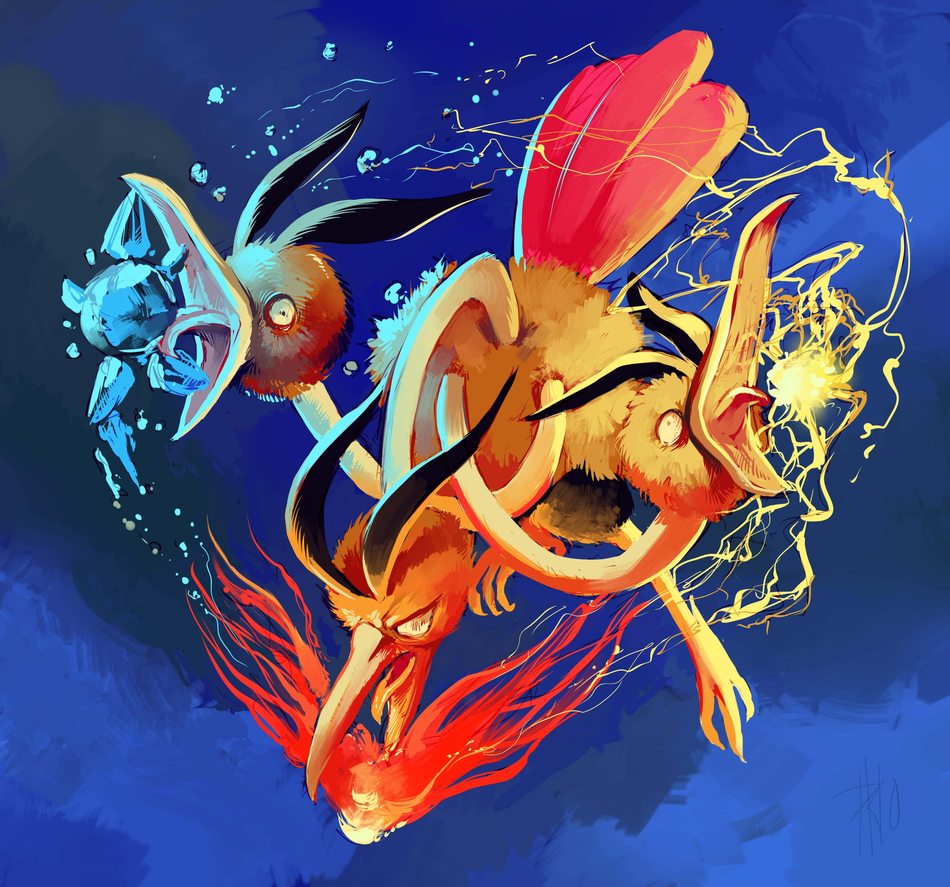 遊戲 桌布 壁紙 — 一個火熱的橙色和藍色動漫生物，發光的眼睛和電火花，在深藍色背景上動態爆發。