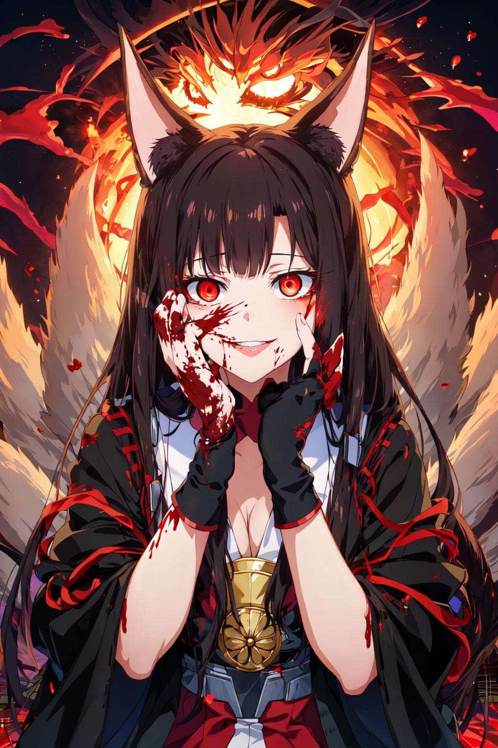  壁紙 — 一個火熱的狐狸惡魔女孩，擁有發光的紅眼睛和沾滿鮮血的雙手，在熾熱的橙色和黑色背景前微笑。
