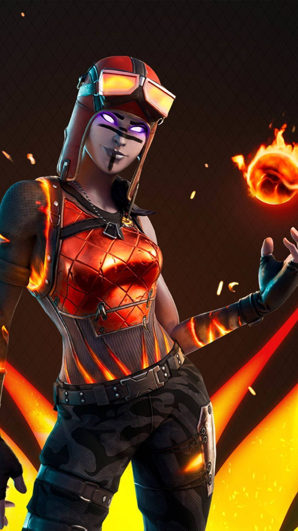 遊戲 桌布 壁紙 — 一個火熱的裝甲Fortnite角色，擁有發光的紫色眼睛和從手中噴出的橙色火焰，背景為黑暗。