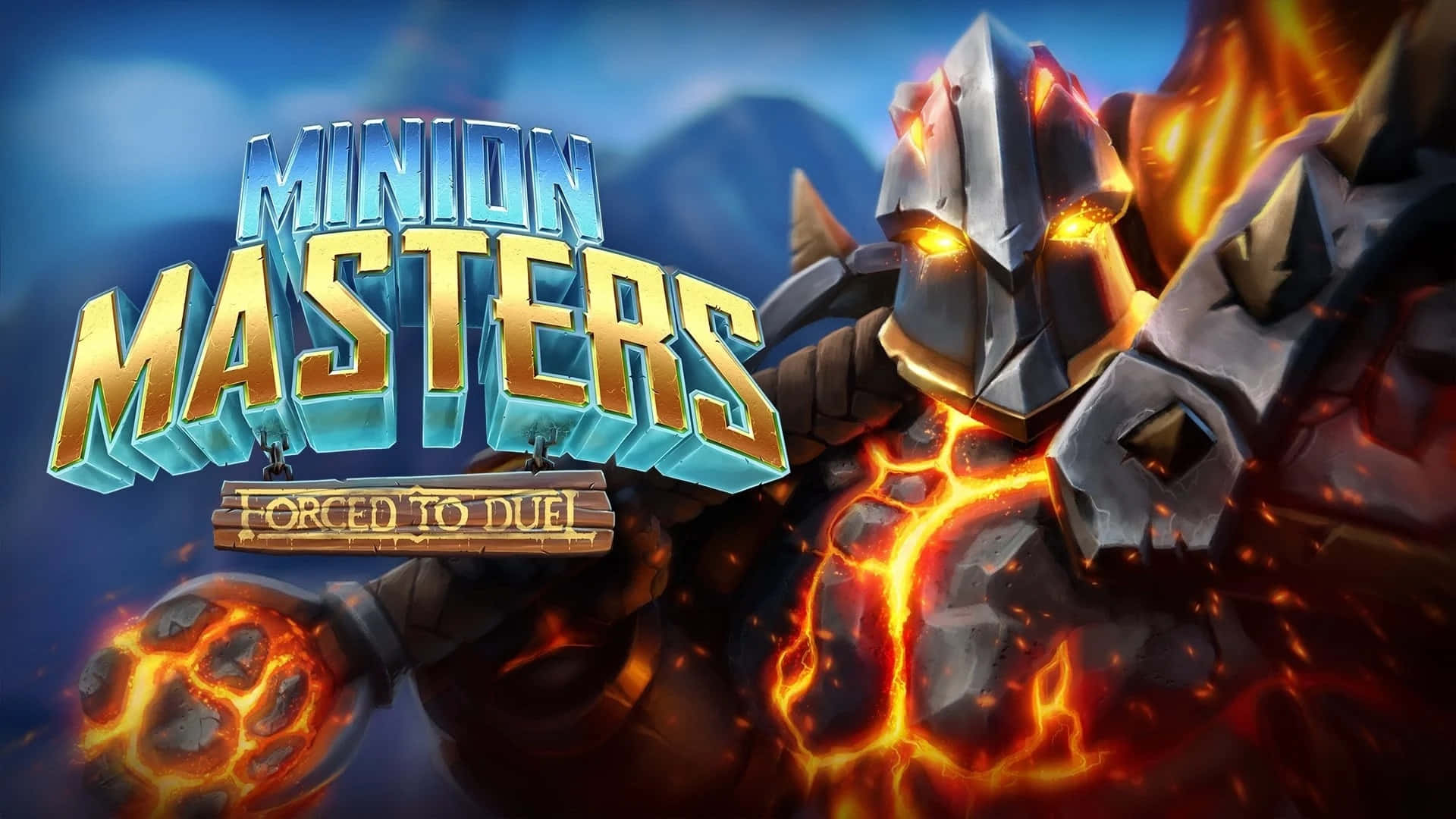 Moba Games 桌布 壁紙 — 一個火熱的裝甲嘍囉，擁有發光的眼睛和熔岩脈絡，威風凜凜地站在粗體3D遊戲標題文字旁邊。
