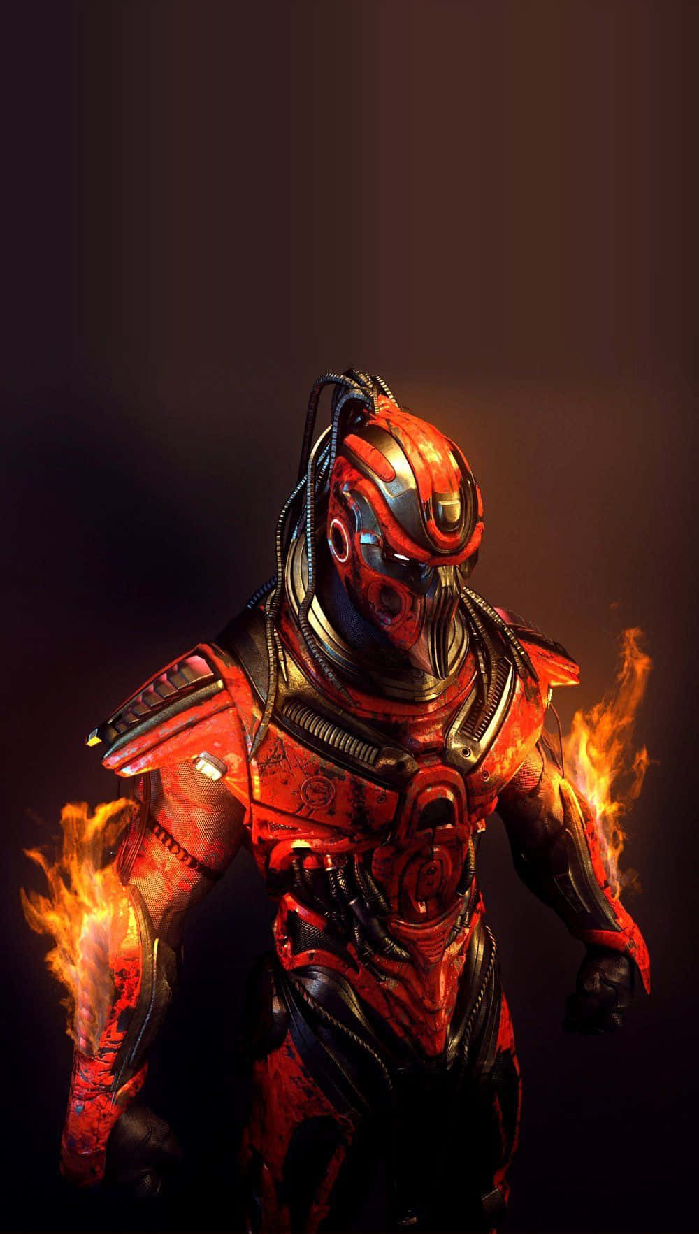 Mortal Kombat Sektor 桌布 壁紙 — 一個火紅色的裝甲戰士，雙眼發光，雙手噴出火焰，站在黑暗背景前。