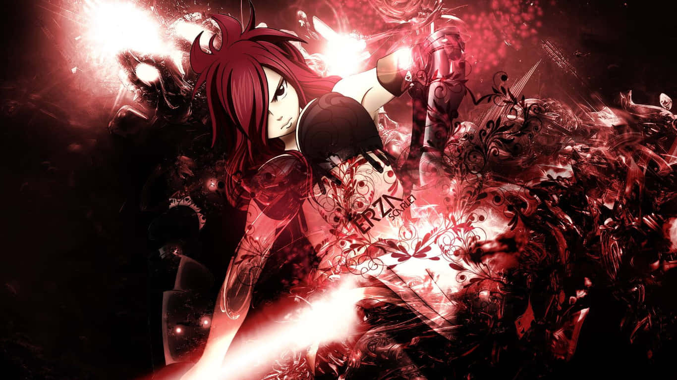 Dark Tales 桌布 壁紙 — 一個火紅頭髮的動漫女孩，擁有發光的眼睛和華麗的紋身，在黑暗、旋轉的紅色背景中散發出強烈的能量。