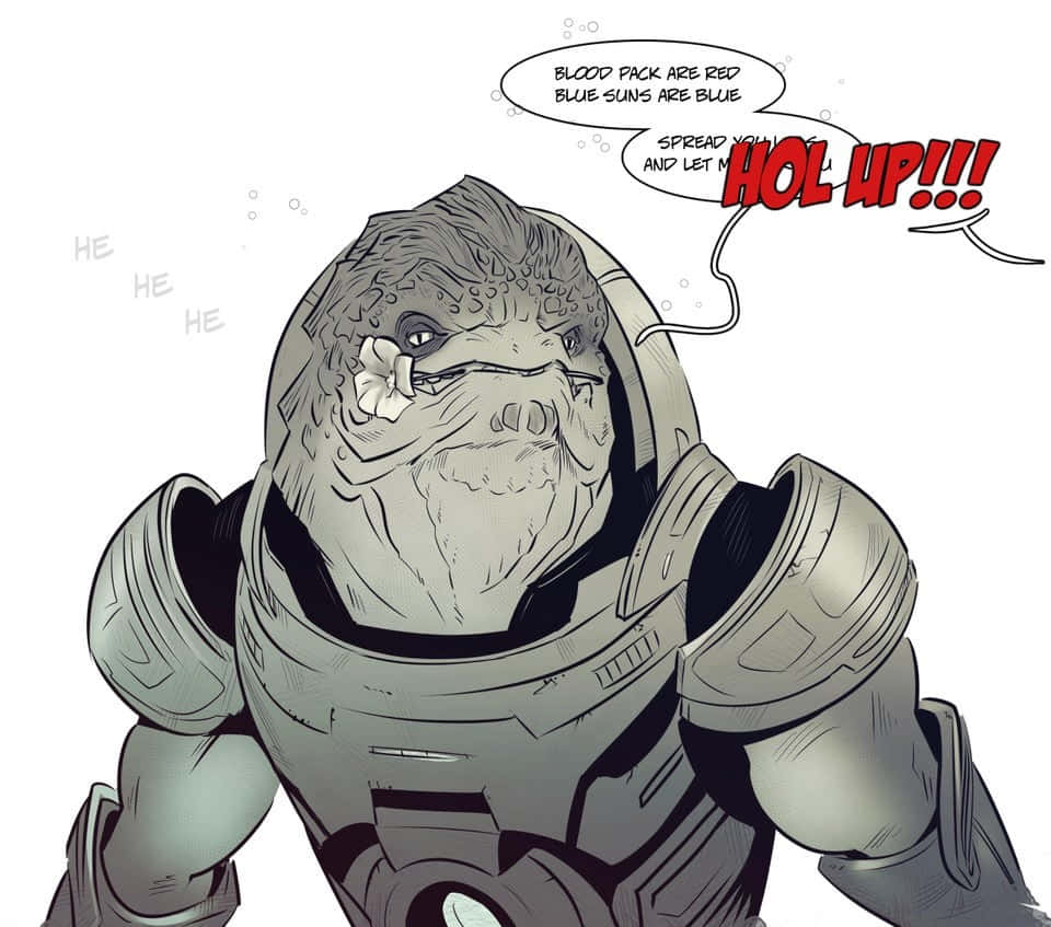 Mass Effect Grunt 桌布 壁紙 — 一個灰白頭髮的外星人身穿未來盔甲，瘋狂大笑，對話氣球宣告 'HOL UP!!!' 和顏色編碼的混亂。