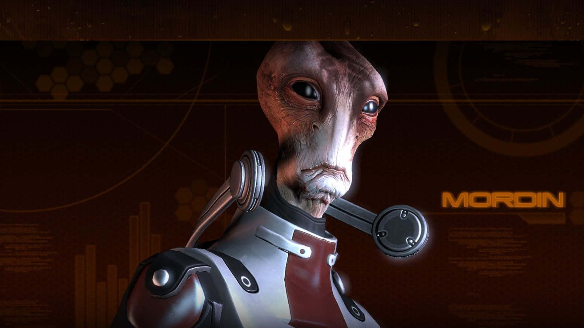 Mordin Solus 桌布 壁紙 — 一個灰白頭髮的外星科學家特寫，拿著煙斗，穿著未來風格的盔甲，背景是黑暗科技主題。