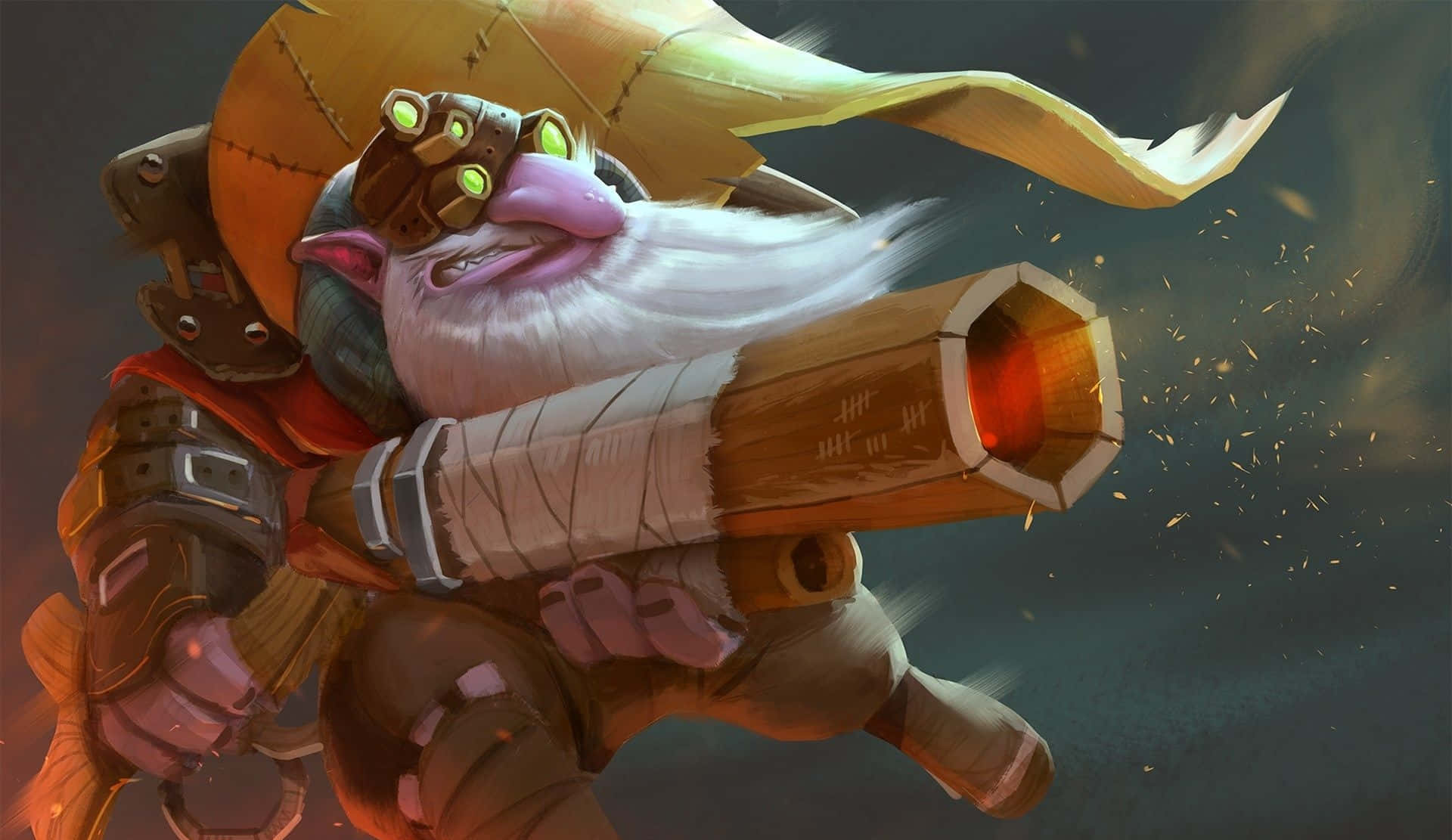Dota 2 Sniper 桌布 壁紙 — 一個灰白鬍鬚、戴著發光單片眼鏡的地精，以動態動作姿勢發射巨大的木製大砲。