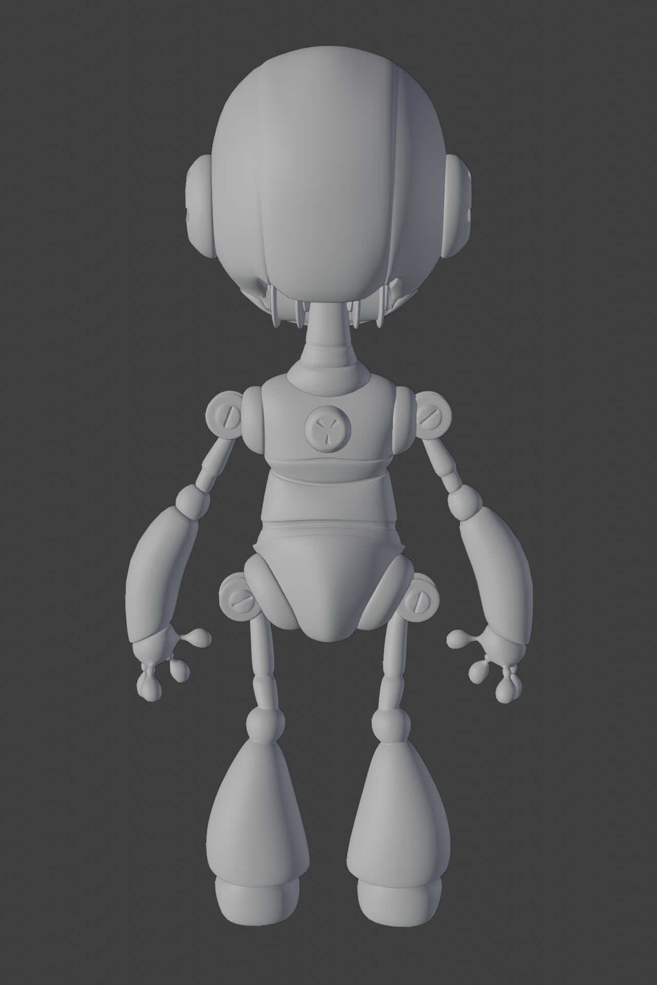 3d Modeling 桌布 壁紙 — 一個灰色3D渲染嘅人形機械人，從後面睇，背景係深灰色。