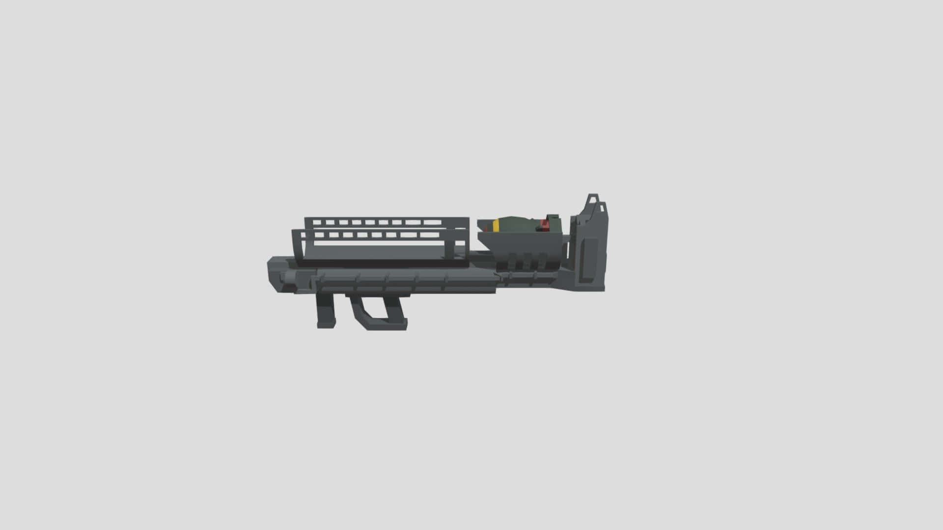 Fallout 4 Fat Man 桌布 壁紙 — 一個灰色像素藝術火箭發射器，帶有黃色和紅色細節，居中放置在純淺灰色背景上。