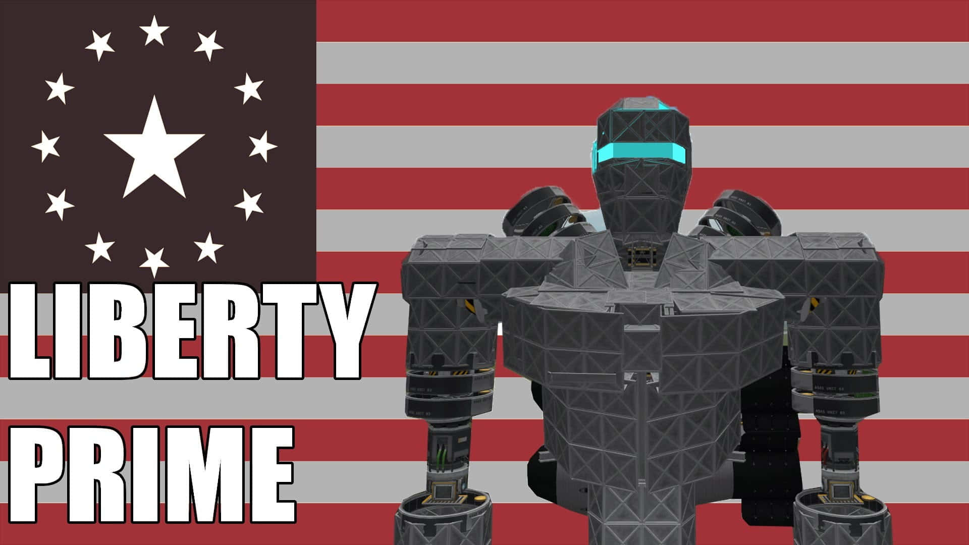 Liberty Prime 桌布 壁紙 — 一個灰色裝甲機械人站在風格化的美國國旗前，國旗上有星星和條紋，文字寫著 liberty prime。