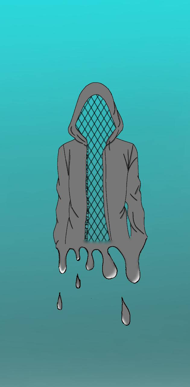 Drip 桌布 壁紙 — 一個灰色連帽人物，帶有青綠色菱形圖案的臉，在青綠色漸變背景上向下融化。