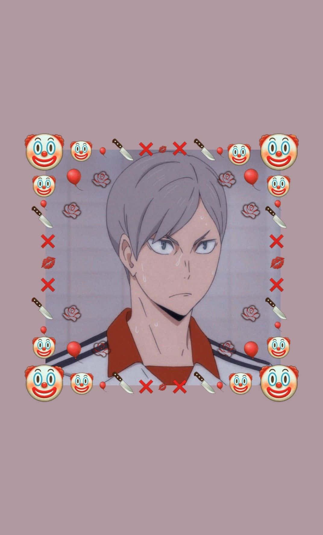 Lev Haiba 桌布 壁紙 — 一個灰色頭髮、憤怒眼神的動漫角色，被小丑表情符號、刀、玫瑰和紅色X包圍，背景為紫紅色。