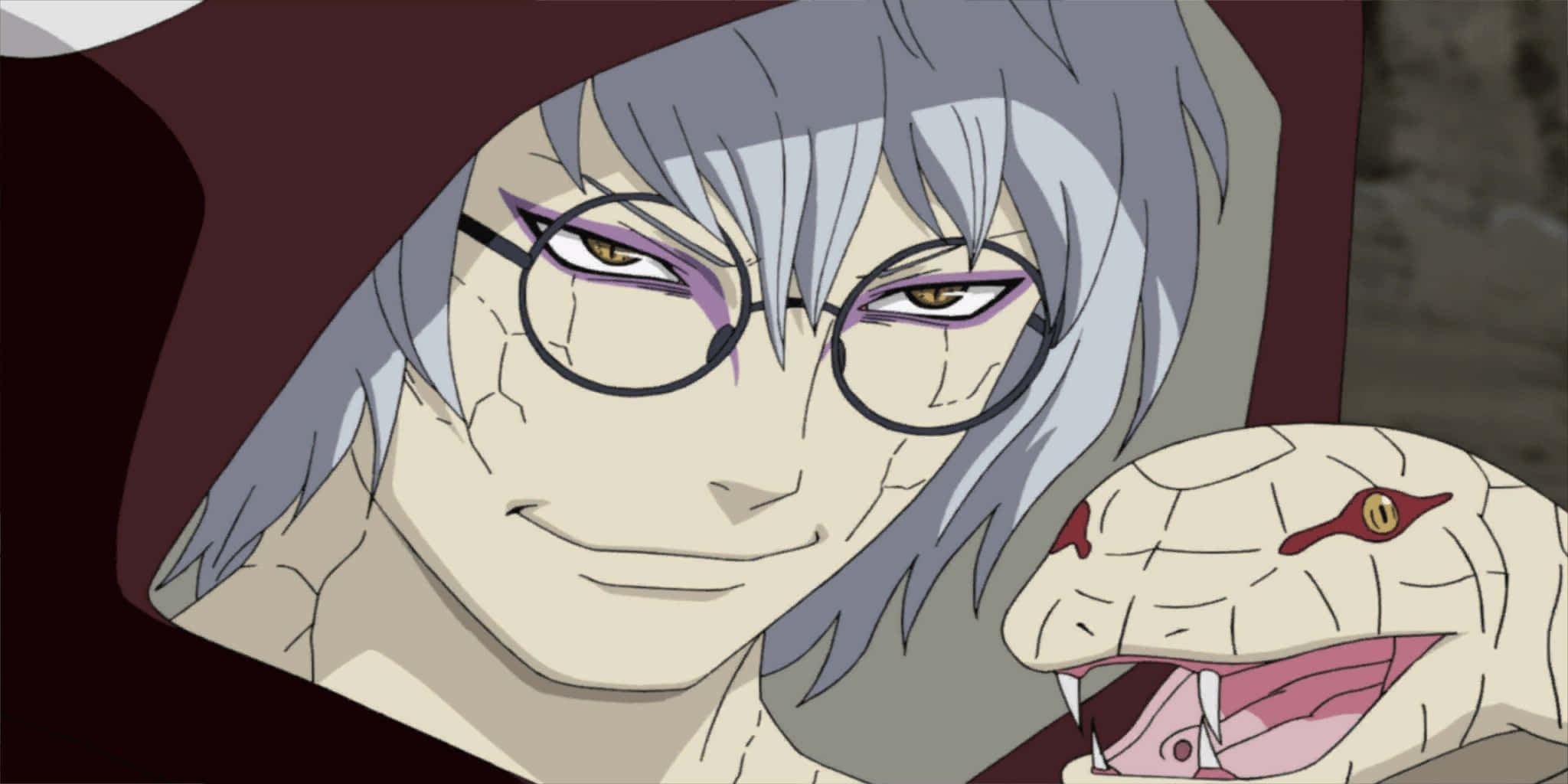 Kabuto Yakushi 桌布 壁紙 — 一個灰髮動漫角色戴著眼鏡，旁邊有一條蛇的特寫，兩者都帶有強烈的表情。
