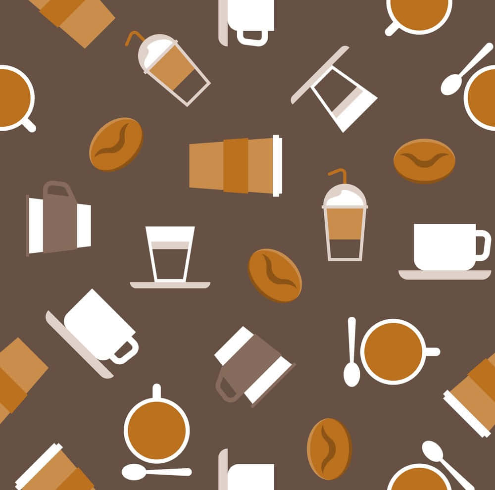 Brown Coffee 桌布 壁紙 — 一個無縫圖案，包含咖啡杯、咖啡豆和湯匙，以溫暖的棕色和白色在深棕色背景上呈現。