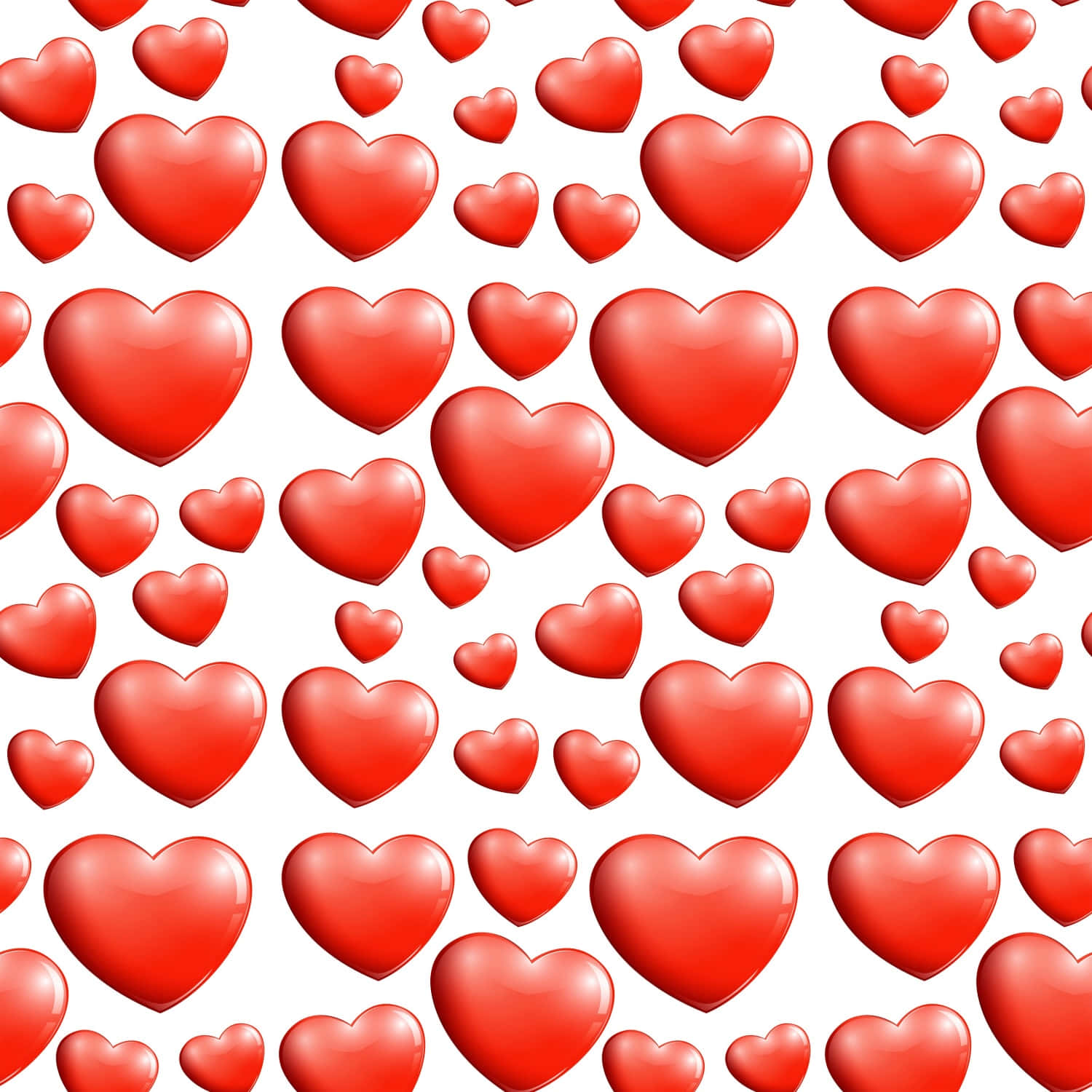Heart Pattern 桌布 壁紙 — 一個無縫圖案，由不同大小的光澤紅色心形散落在潔白背景上。
